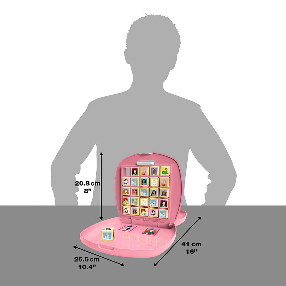 Ein rosa Spiel im Koffer mit Bildern von Prinzessinnen und Maßen.