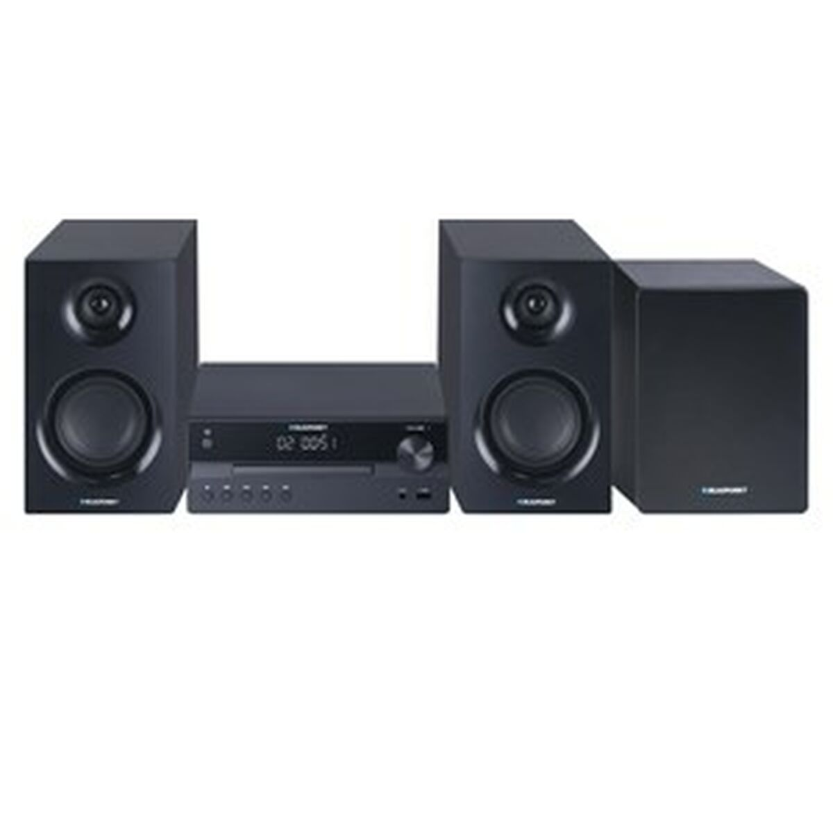 Impianto audio nero compatto con due altoparlanti e unità centrale.