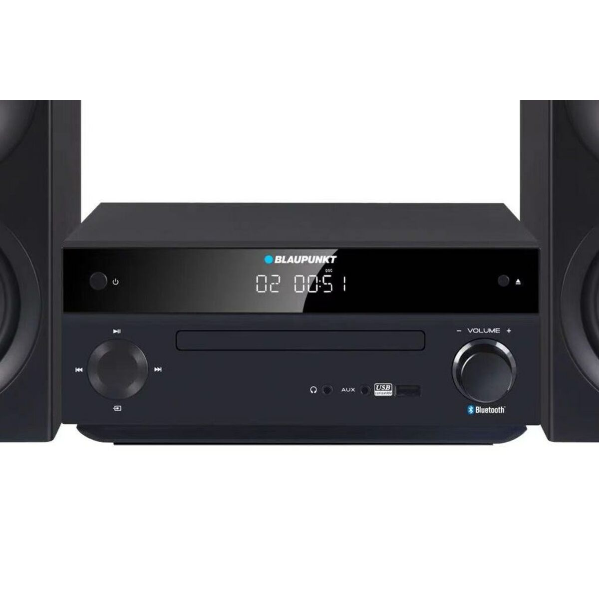 Un stereo Blaupunkt nero con lettore CD, altoparlanti e display.
