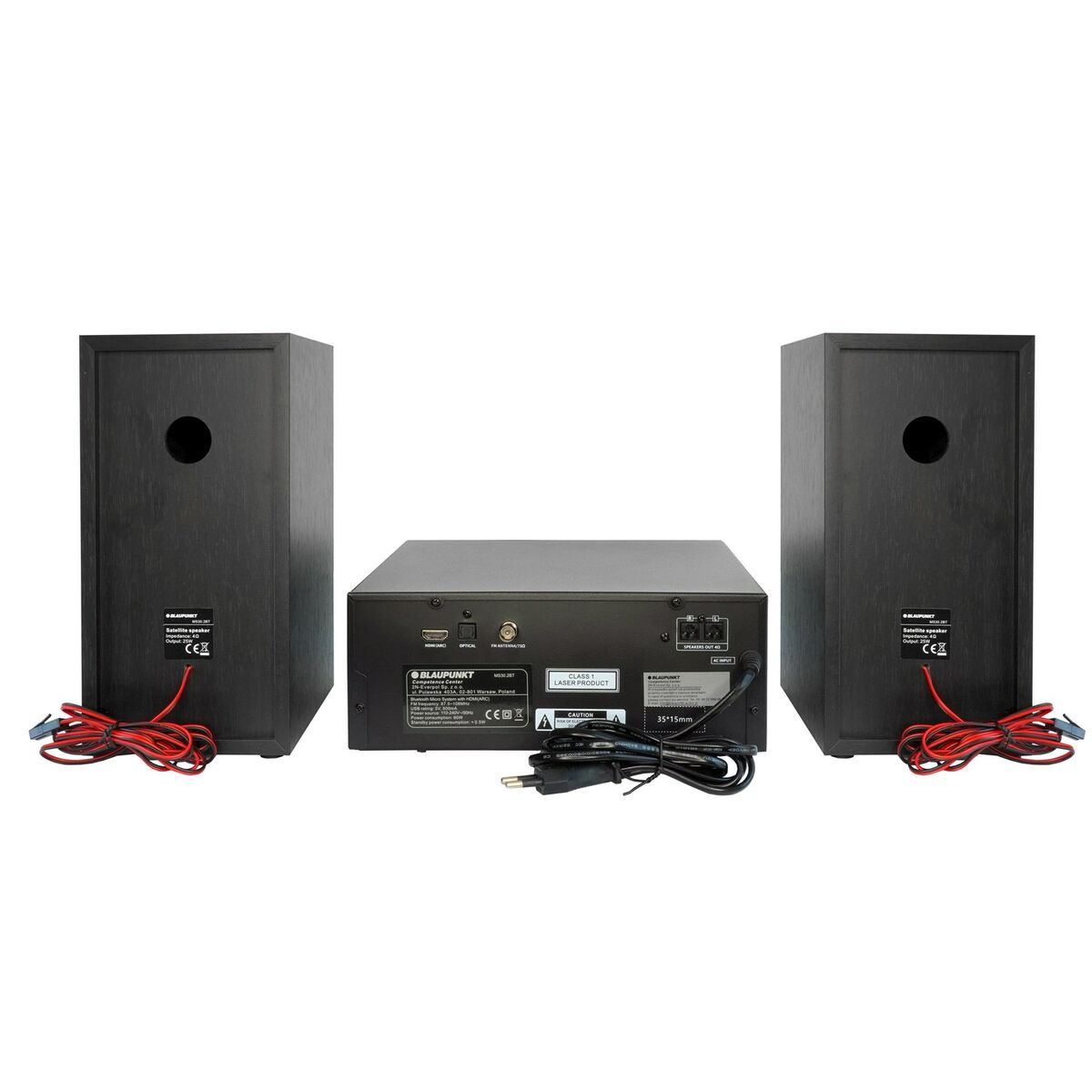 Un ricevitore CD Blaupunkt con due altoparlanti neri, cavi e adattatore di corrente.