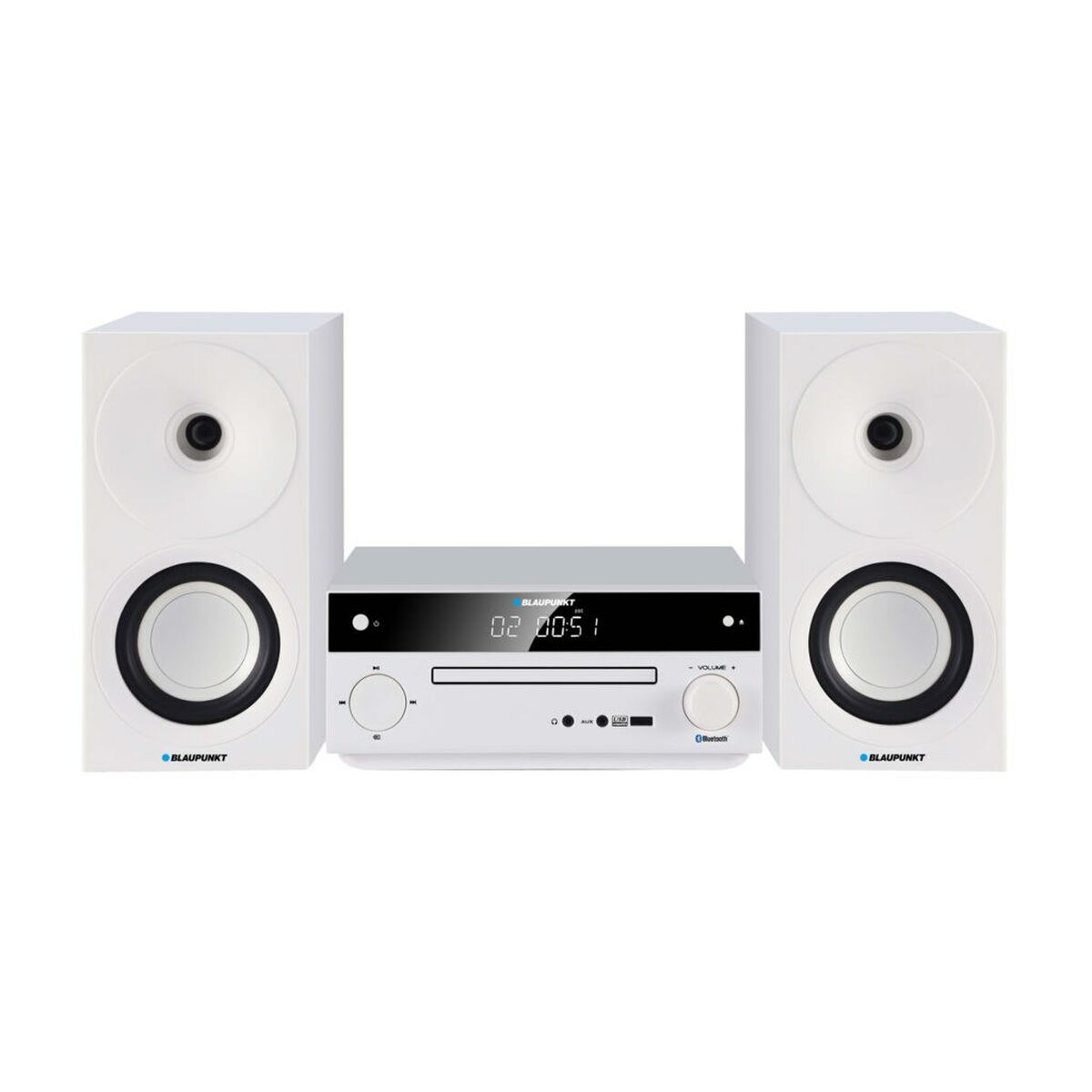 Un sistema stereo bianco con due altoparlanti e un lettore CD centrale.