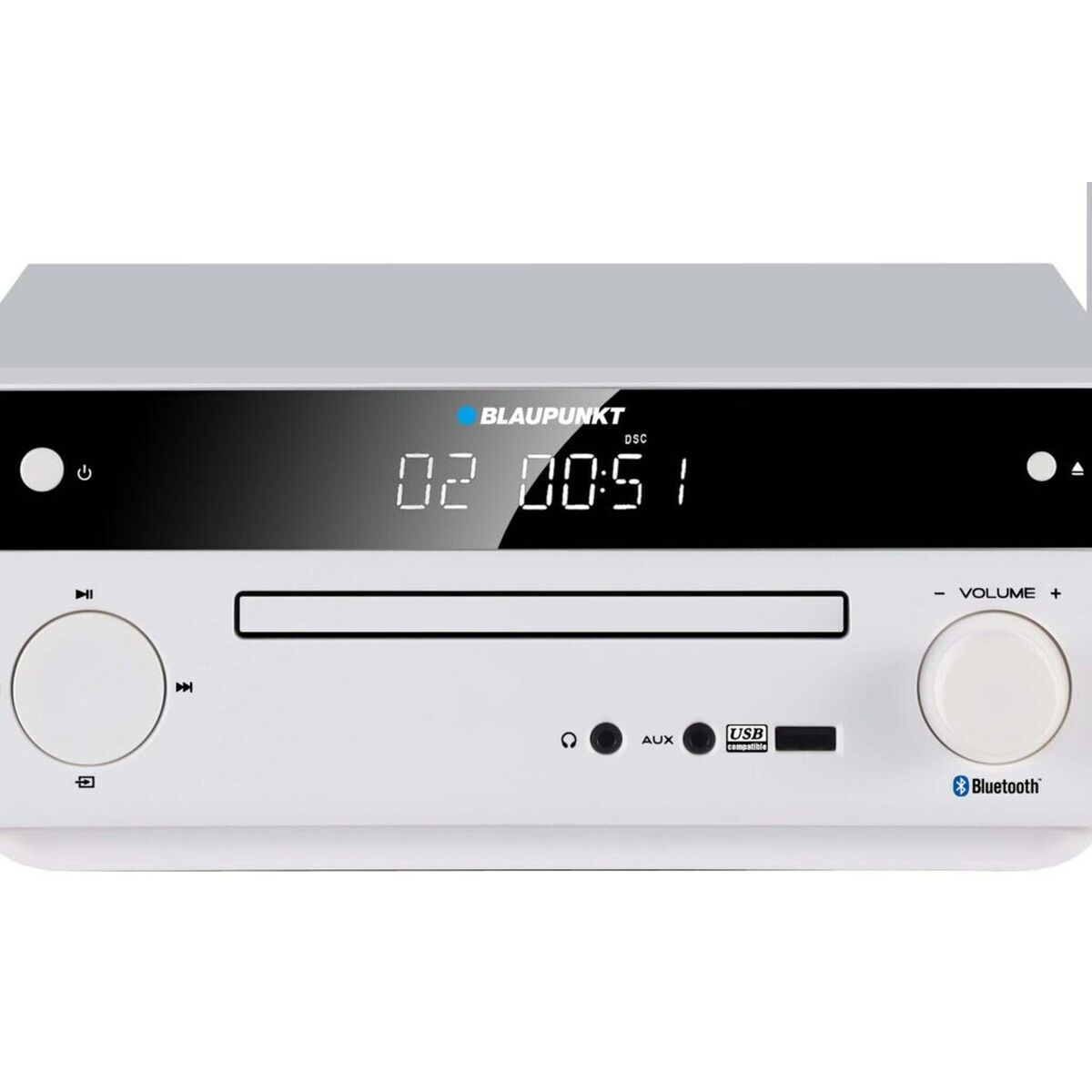 Un lettore CD Blaupunkt bianco con display digitale e manopole.