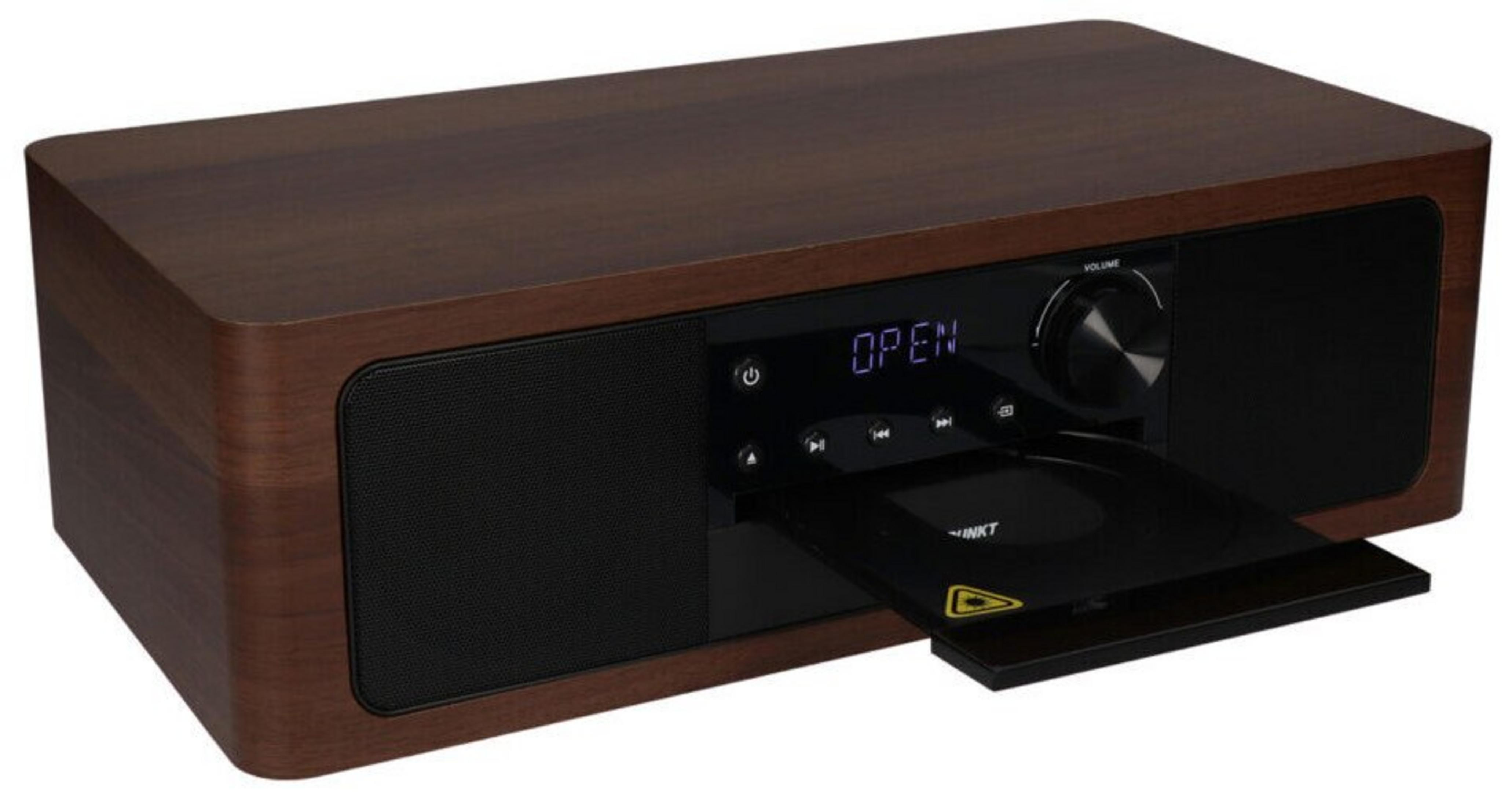 Drewniane radio z szufladą na CD i niebieskim wyświetlaczem.