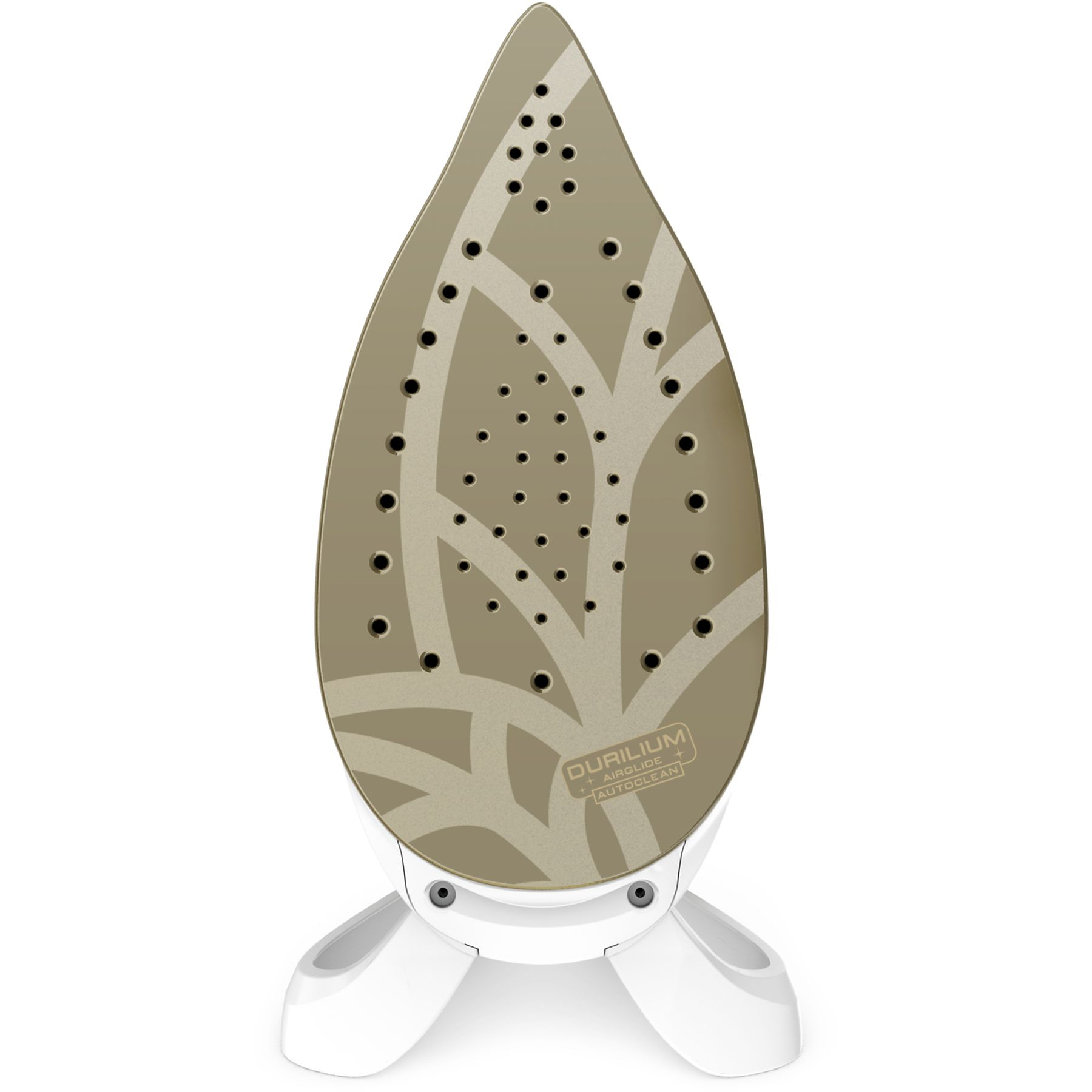 Brązowa stopa żelazka z czarnymi otworami i wzorem liści.