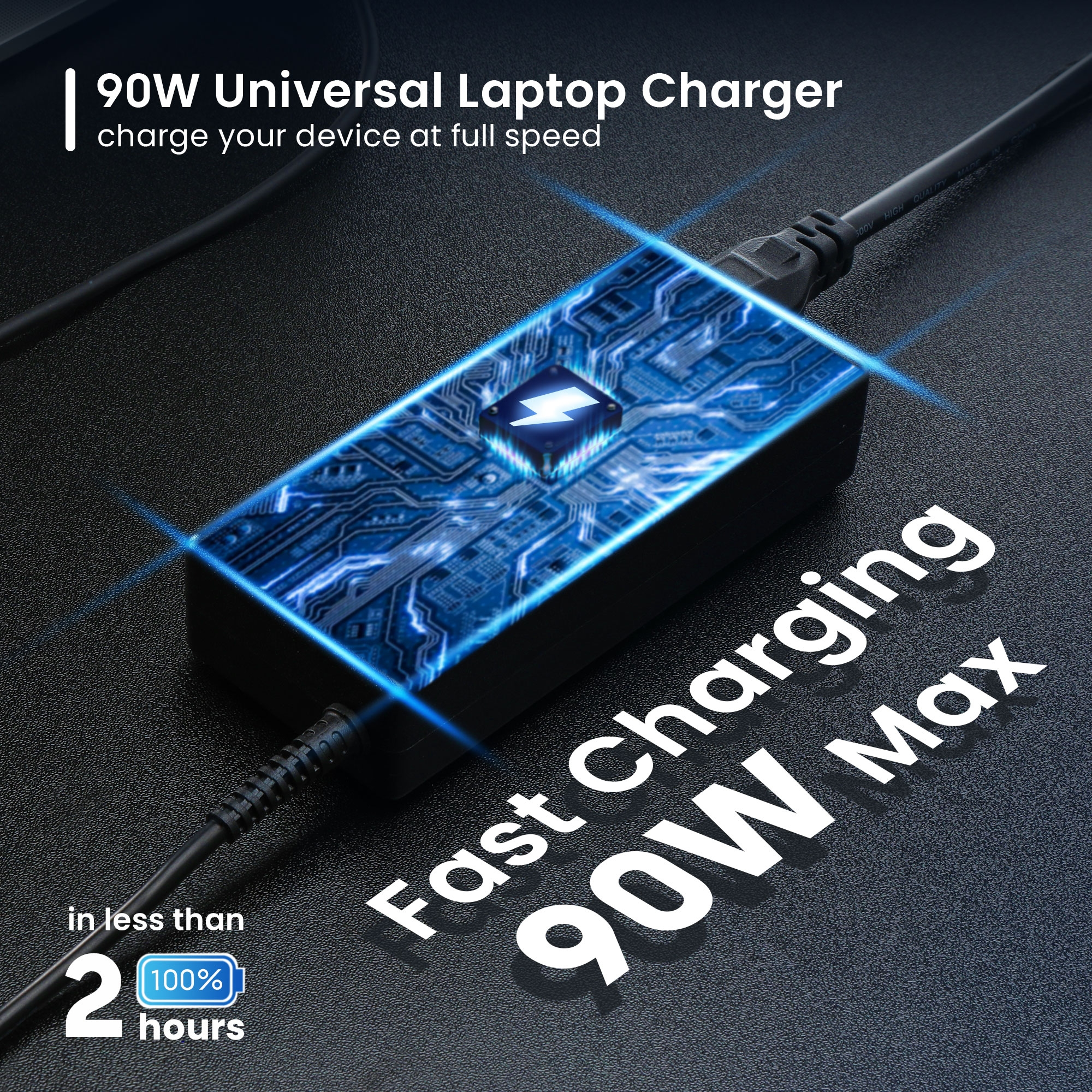 Caricatore laptop 90W con design a circuito. Carica in meno di 2 ore.