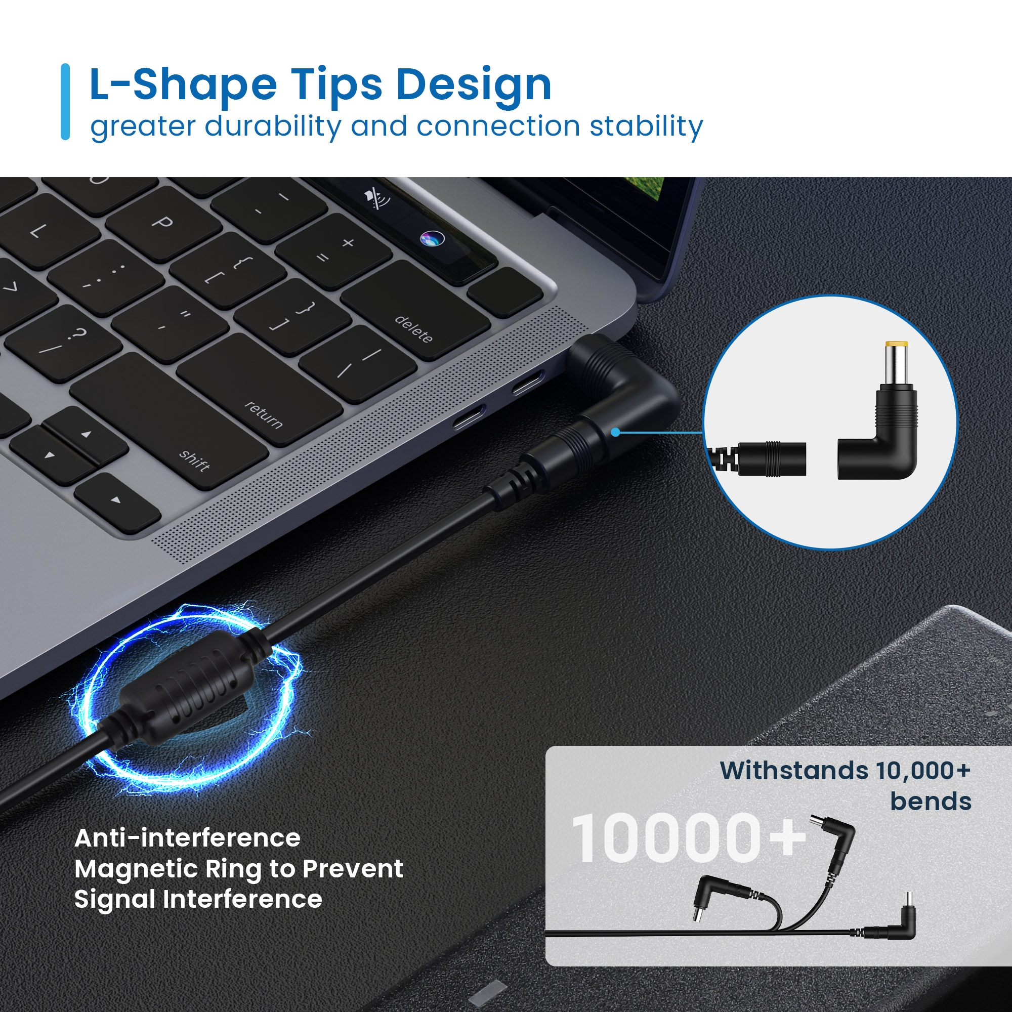 Connettore a L con anello magnetico, accanto a un laptop.
