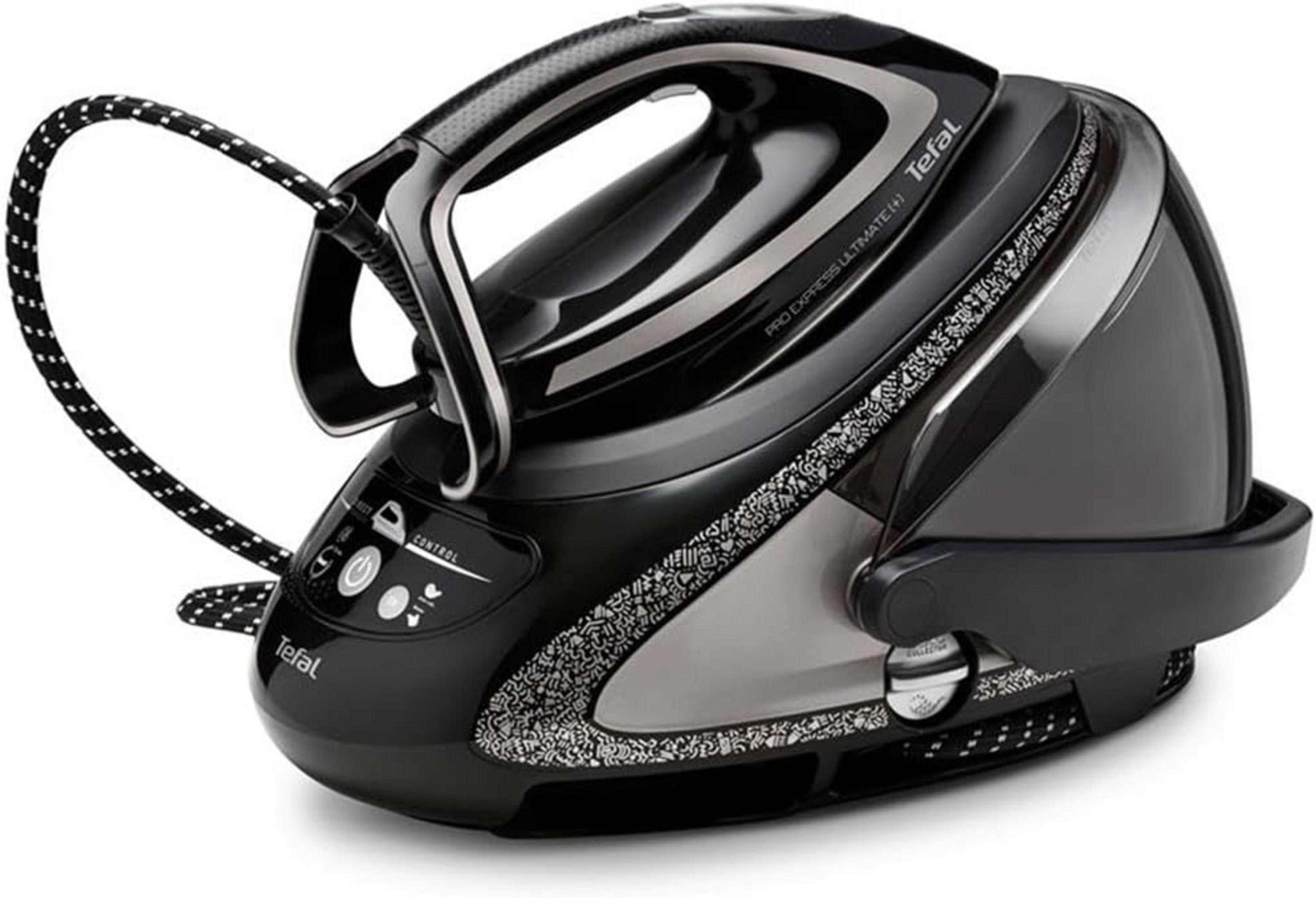 Czarny żelazko parowe Tefal z srebrnymi akcentami i wzorzystym wzorem.