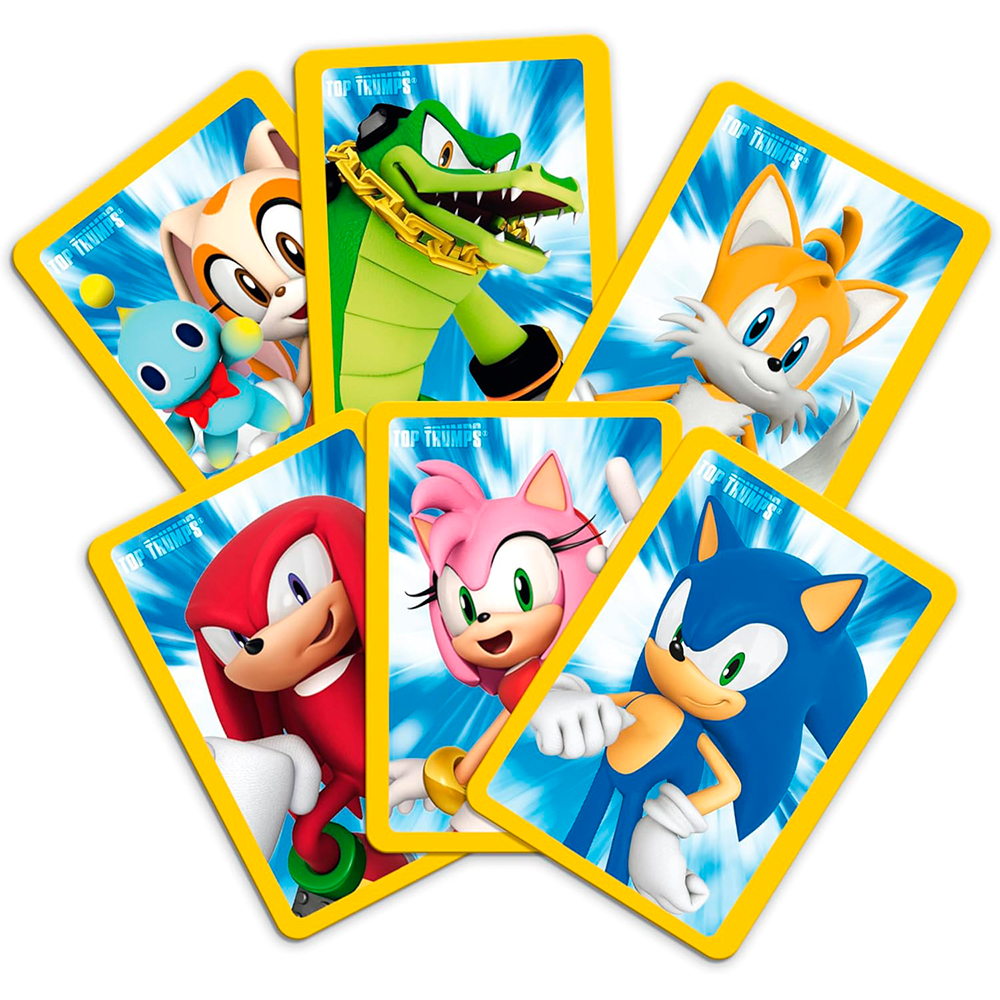 Sechs Sonic-Charaktere auf Sammelkarten: Sonic, Tails, Knuckles, Amy, Cream und Vector.