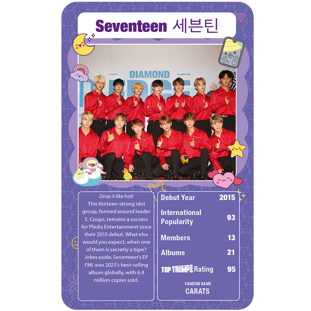13 idol K-pop in camicie rosse, foto di gruppo davanti striscione DIAMOND. Statistiche a destra.