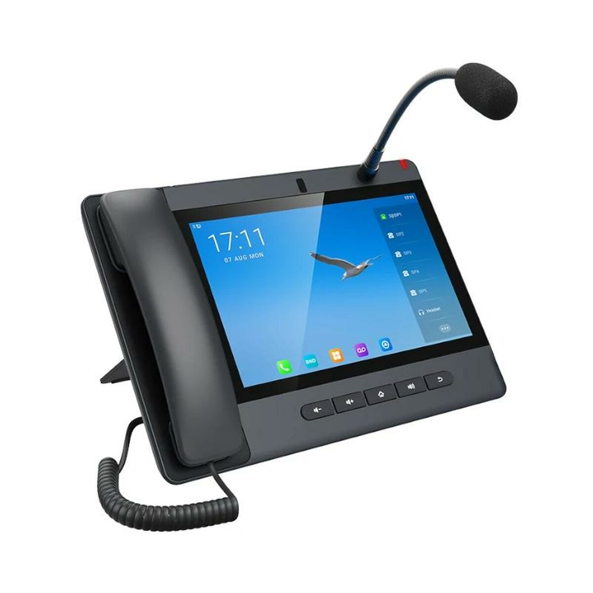 Ein schwarzes Tischtelefon mit Touchscreen und Mikrofon, das auf einem Ständer steht.