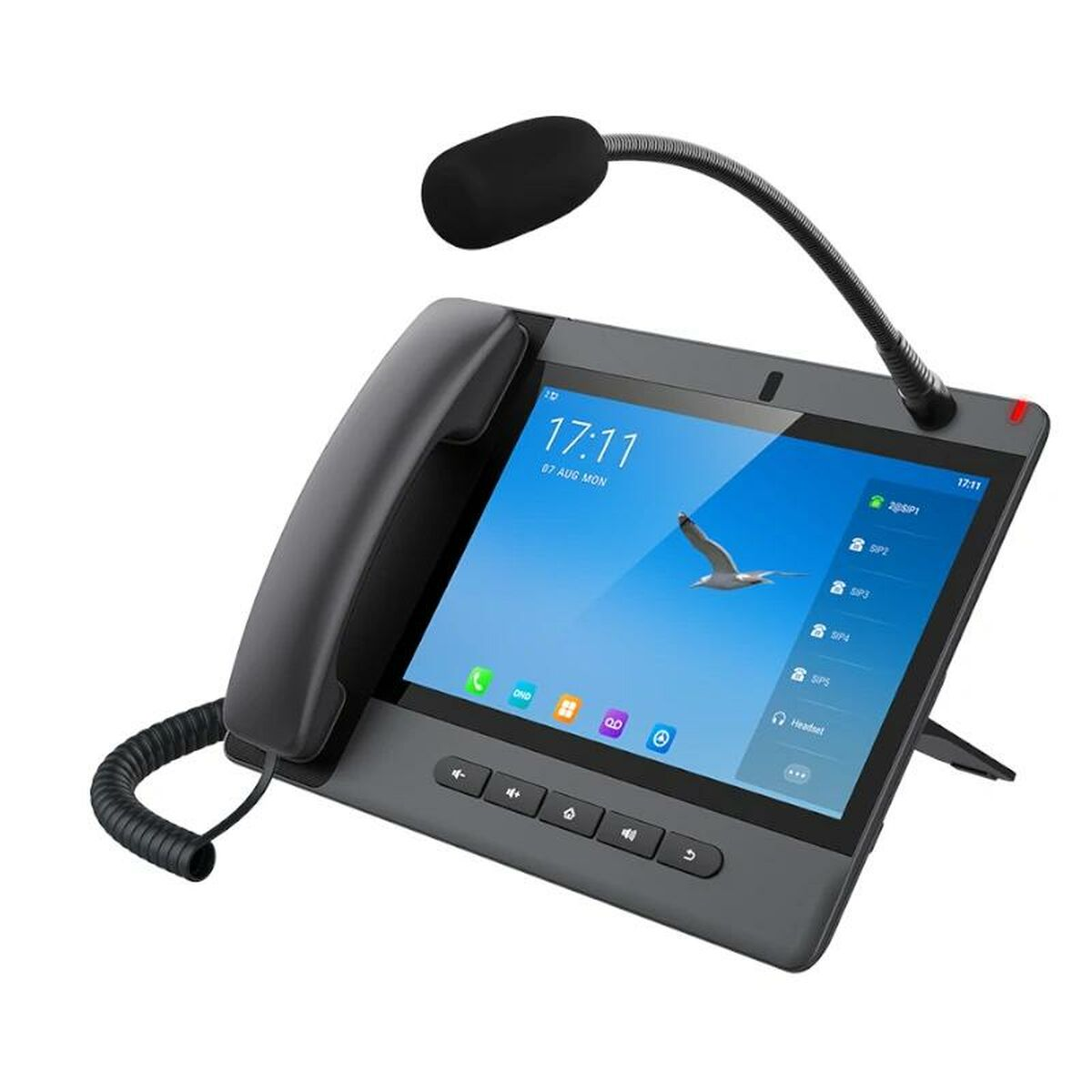 Ein schwarzes Konferenztelefon mit großem Touchscreen zeigt einen Vogel im Flug und Anrufinformationen.