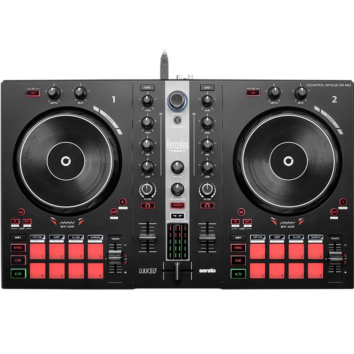 Een zwarte DJ-controller met twee draaitafels, knoppen en verlichte pads.