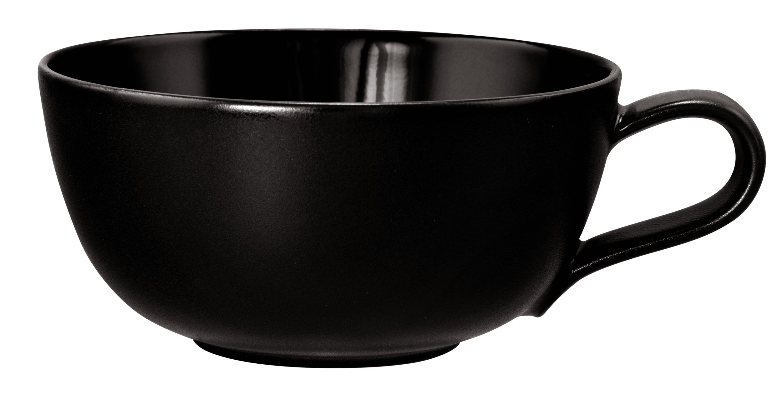 Czarny kubek z uchem na białym tle.