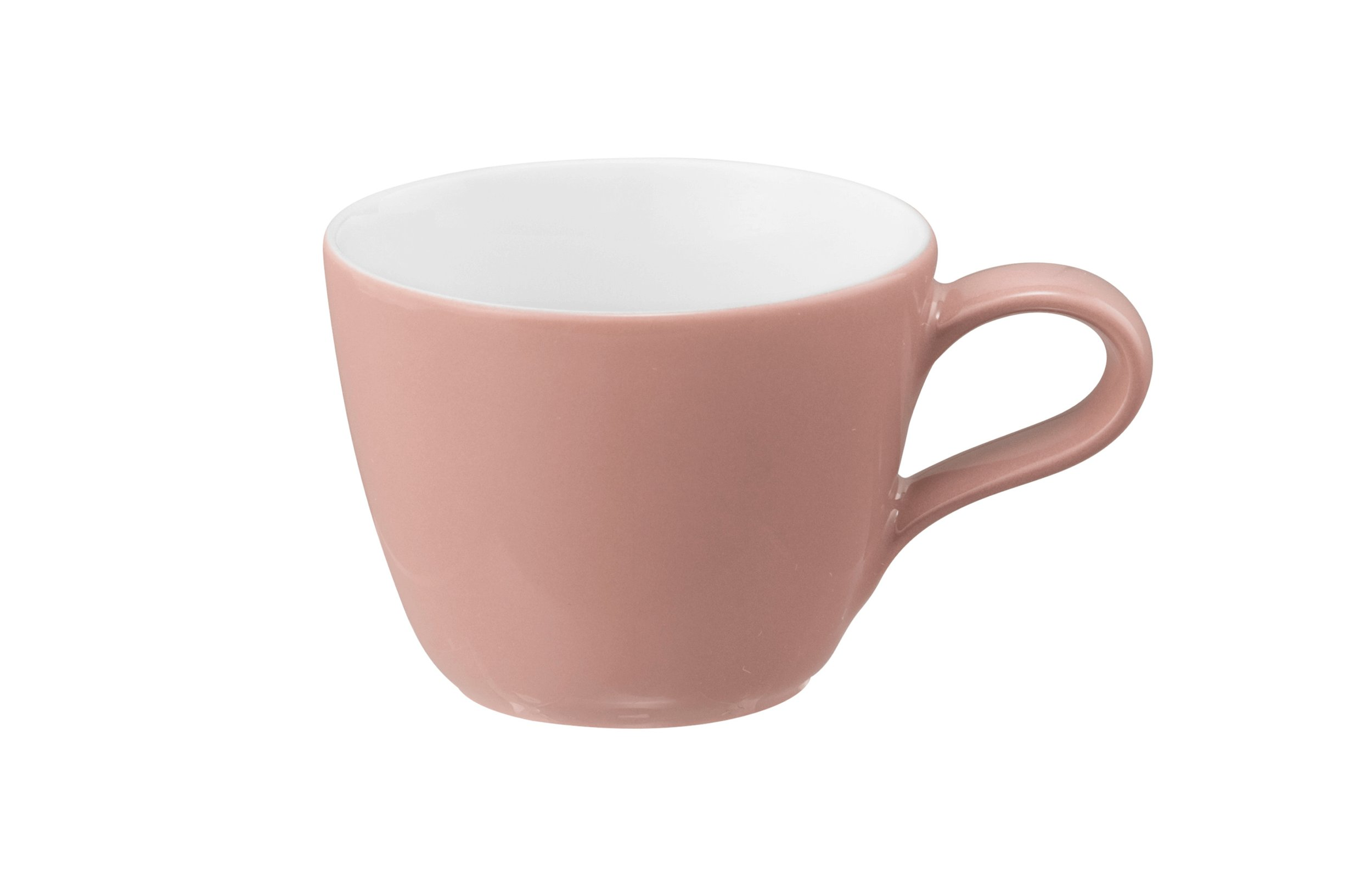 Różowy kubek ceramiczny z białym wnętrzem i uchwytem.