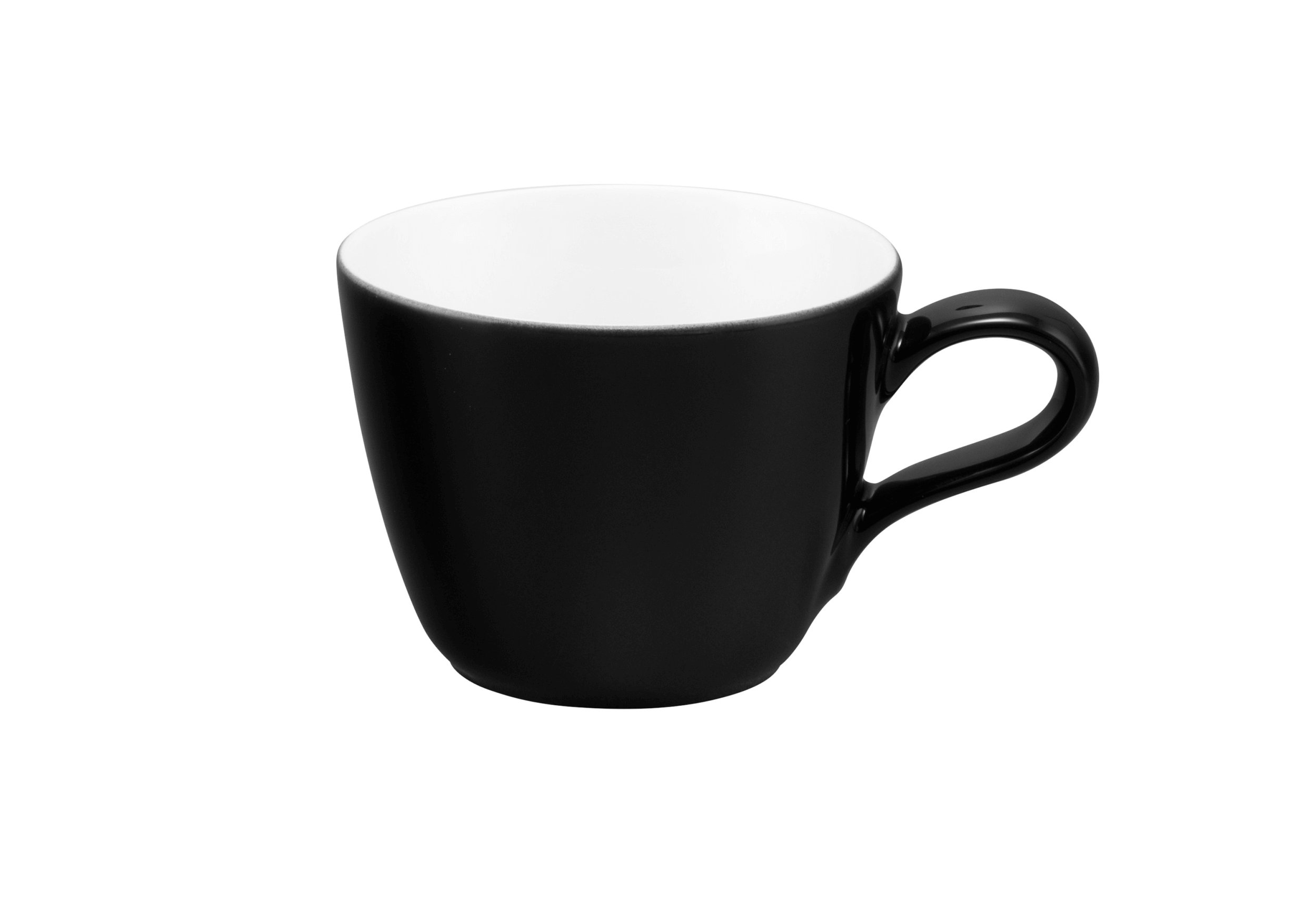 Czarny kubek do kawy z białym wnętrzem i uchwytem.