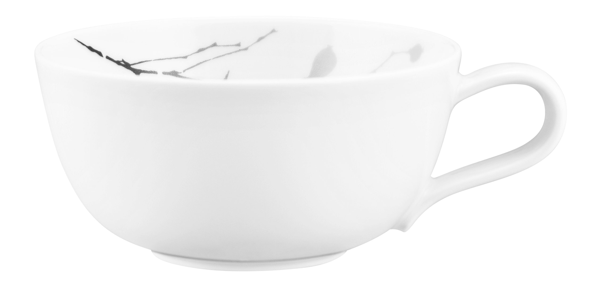 Biała filiżanka z czarnym wzorem marmuru wewnątrz.