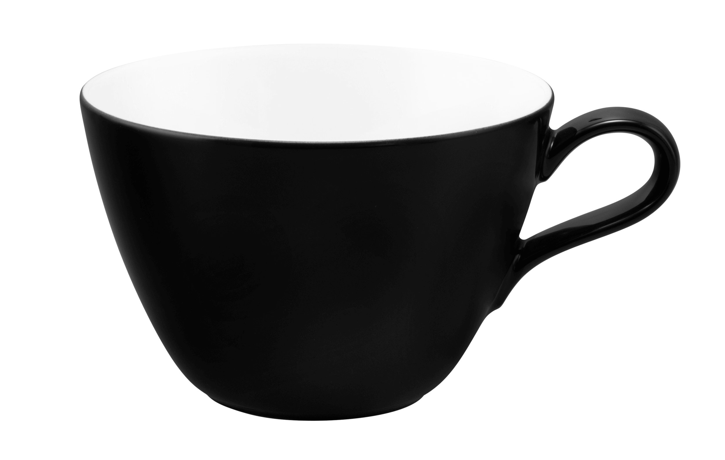 Czarny kubek z białym wnętrzem i uchwytem.