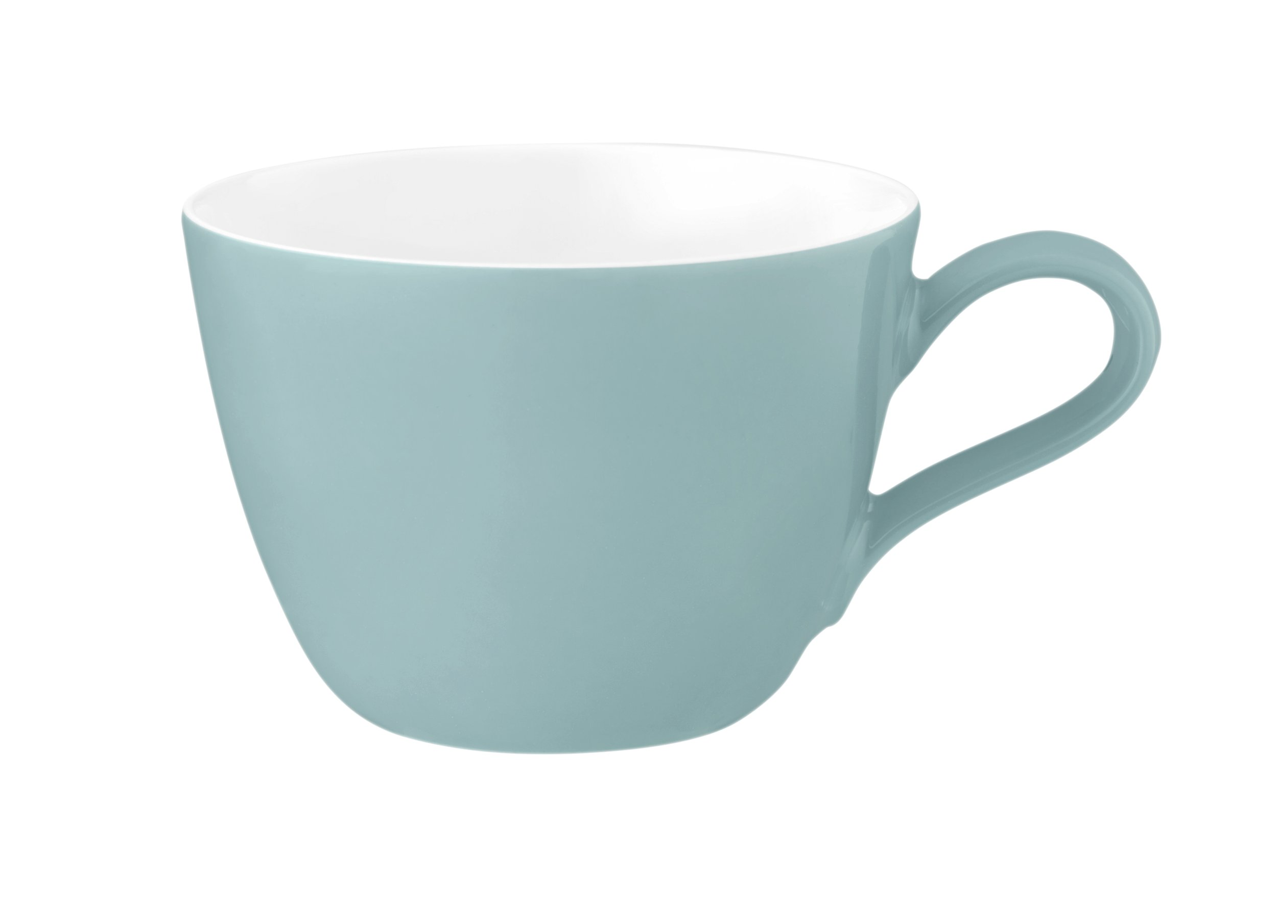 Jasnoniebieski kubek z białym wnętrzem i uchwytem.