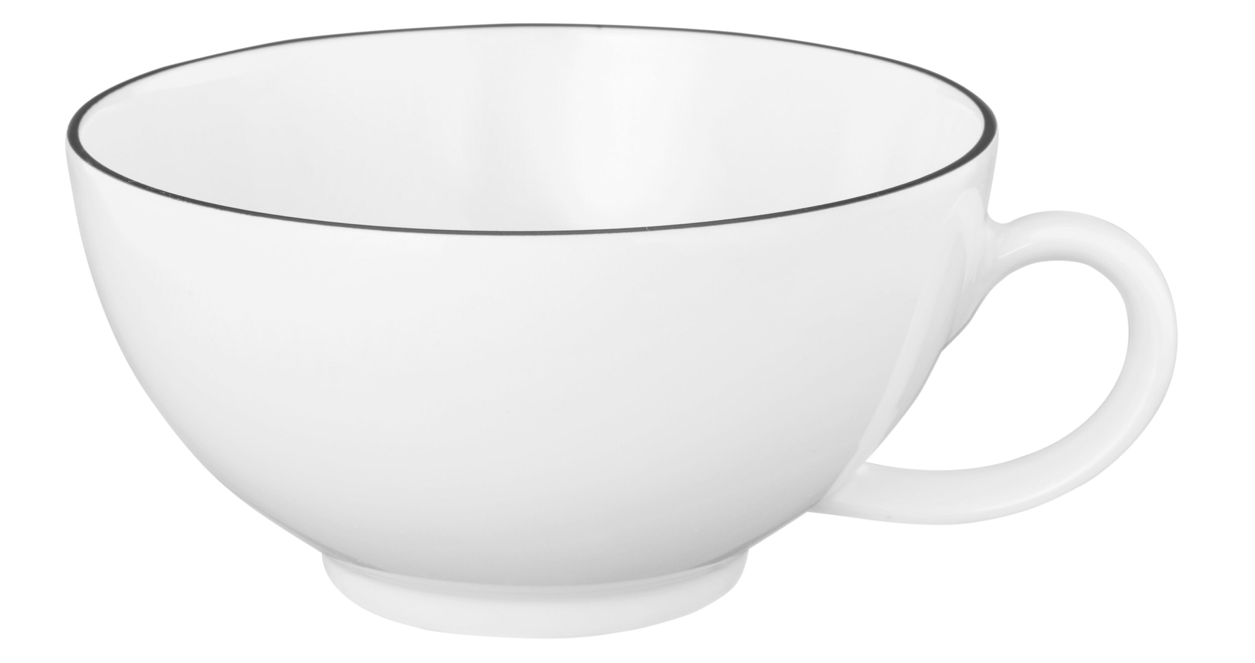 Biała filiżanka z cienką czarną obwódką i uchwytem.