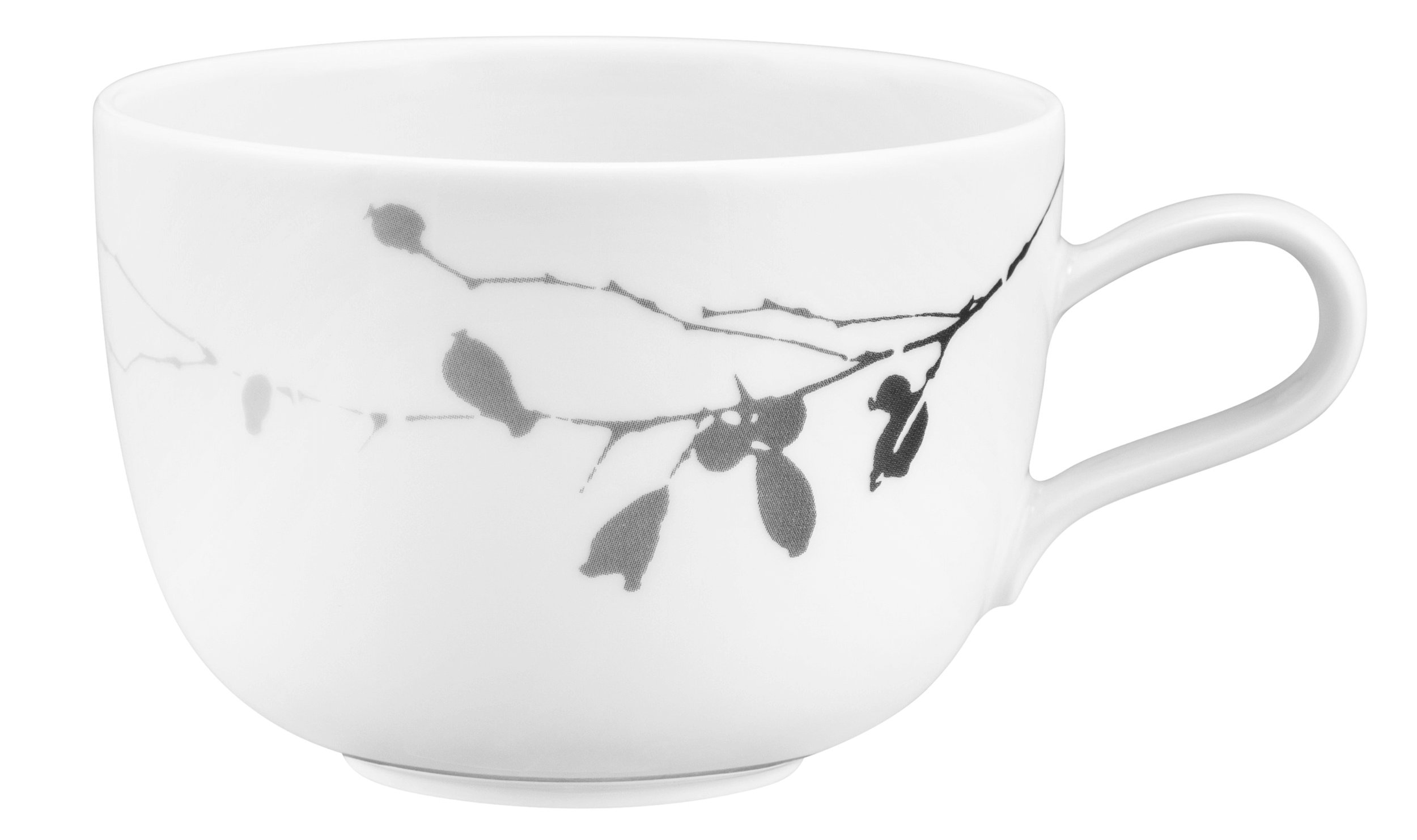 Biały kubek z szarymi gałązkami i liśćmi.