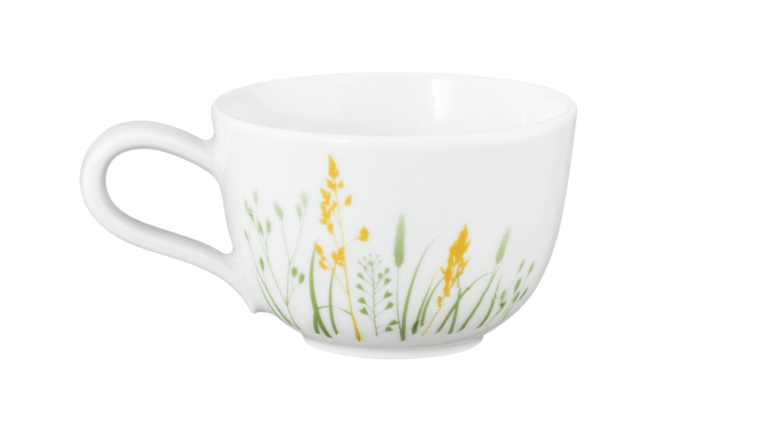 Biały kubek ozdobiony wzorami zielonej i żółtej trawy.