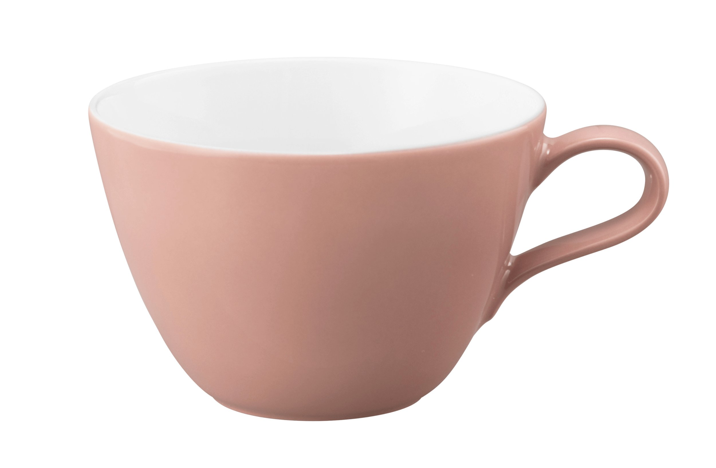 Różowa filiżanka z białym wnętrzem i uchem.