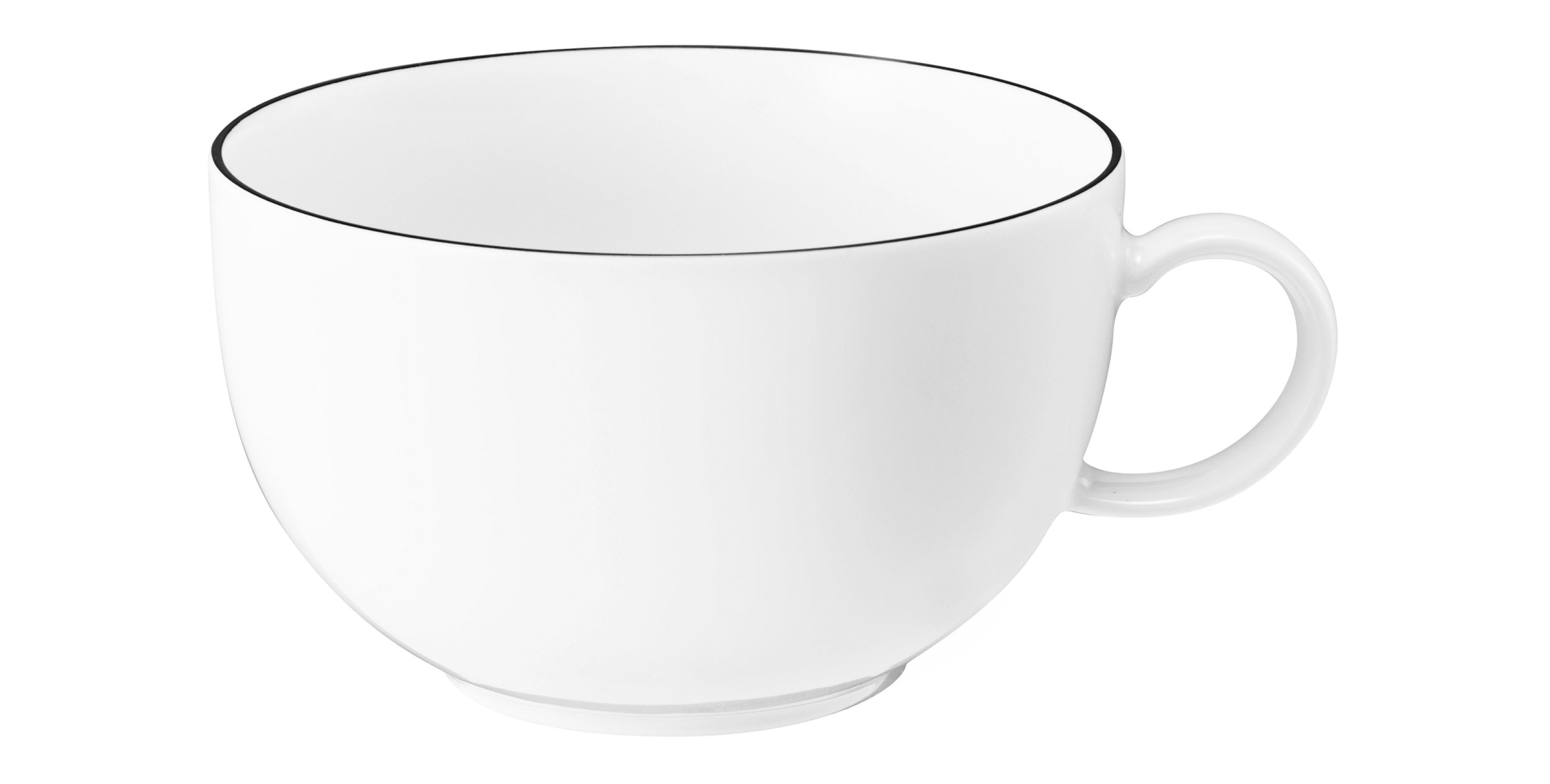 Biały kubek z czarną obwódką i uchem.