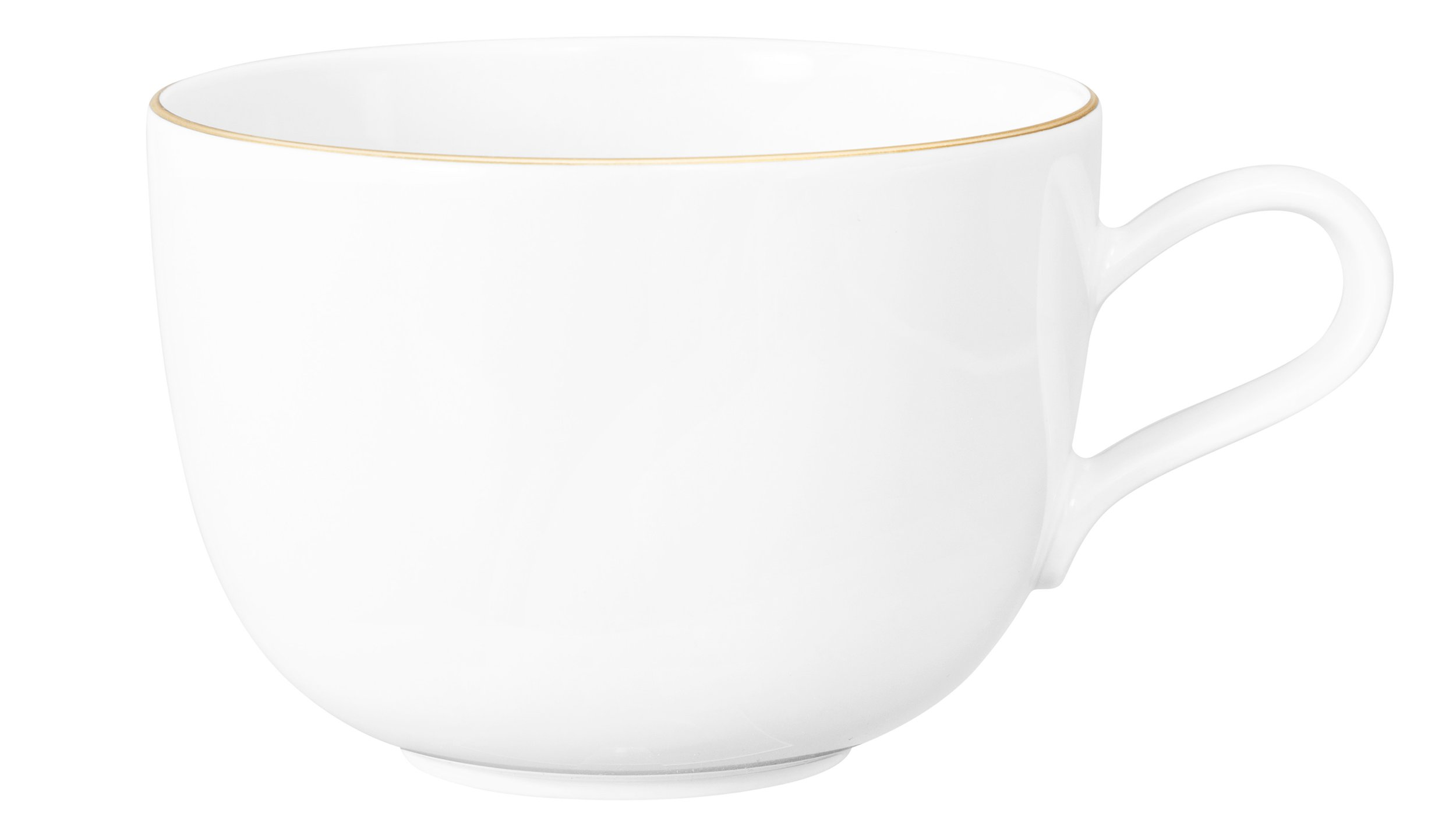 Biała filiżanka ze złotym brzegiem i uchem.