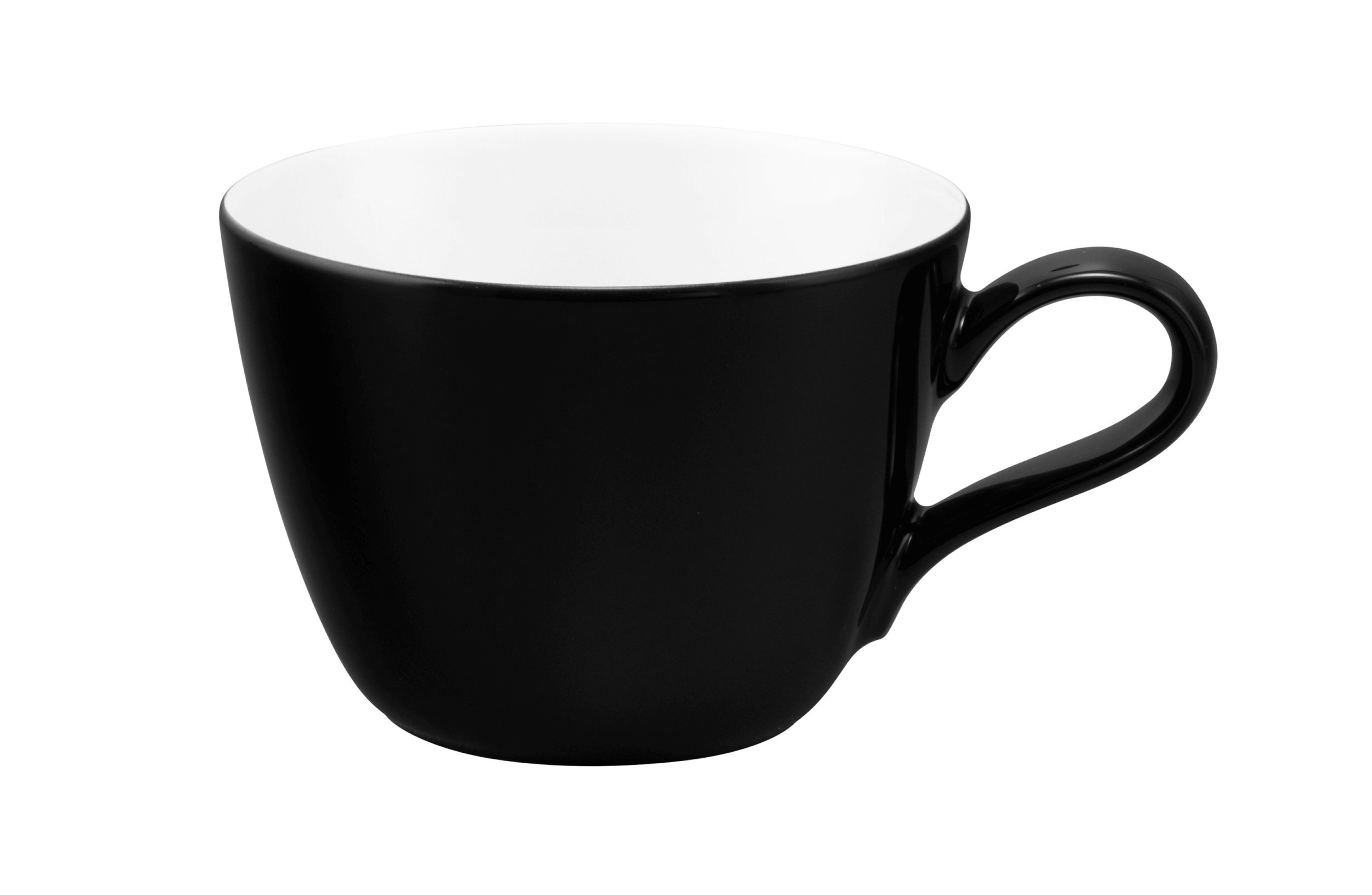 Czarny kubek z białym wnętrzem i uchem, na białym tle.