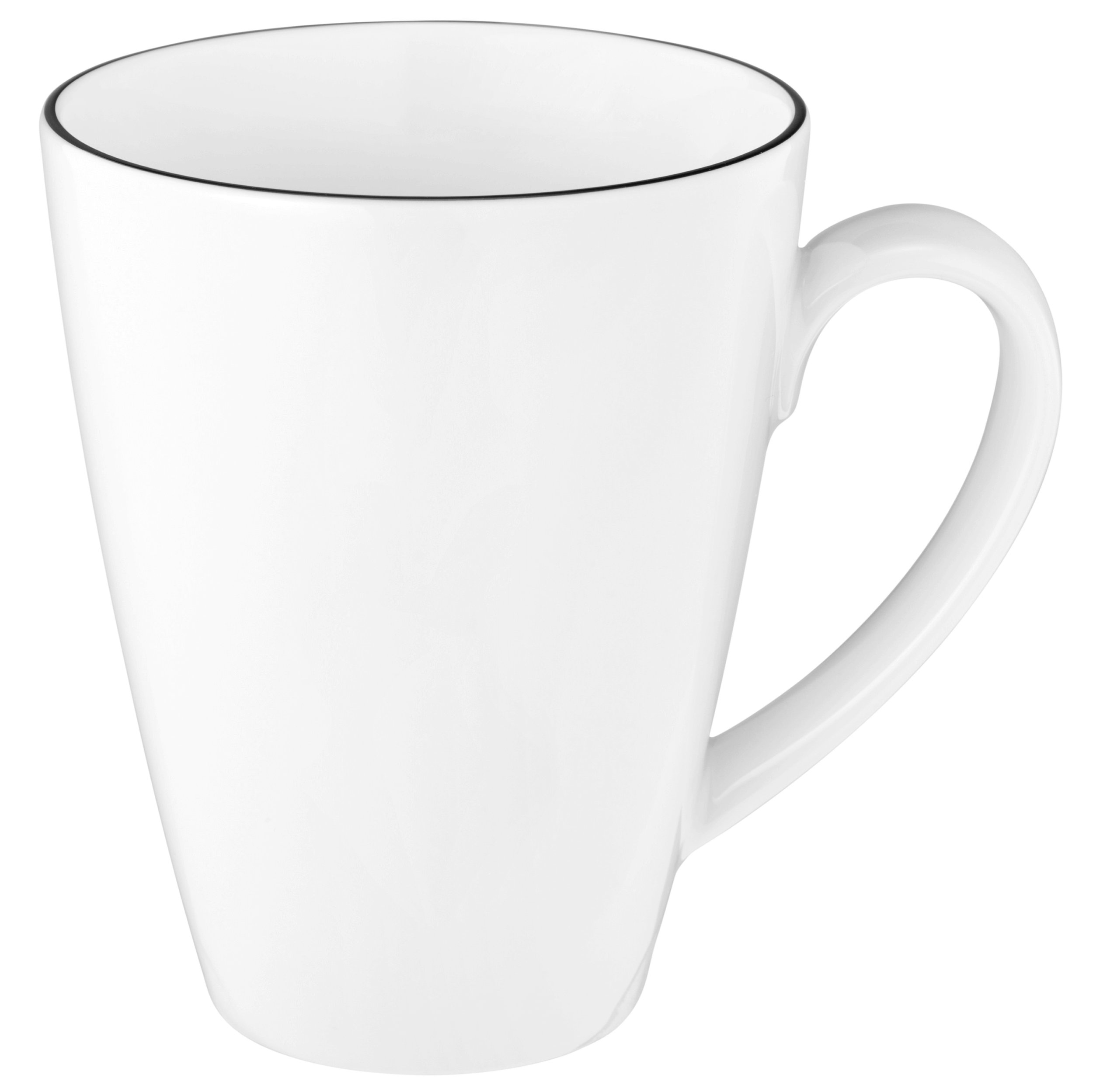 Biały kubek z czarną krawędzią i uchwytem.