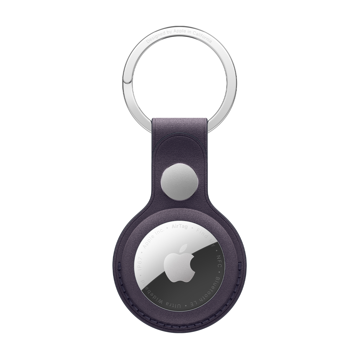 Ein dunkelvioletter AirTag mit silbernem Schlüsselring und Apple-Logo.