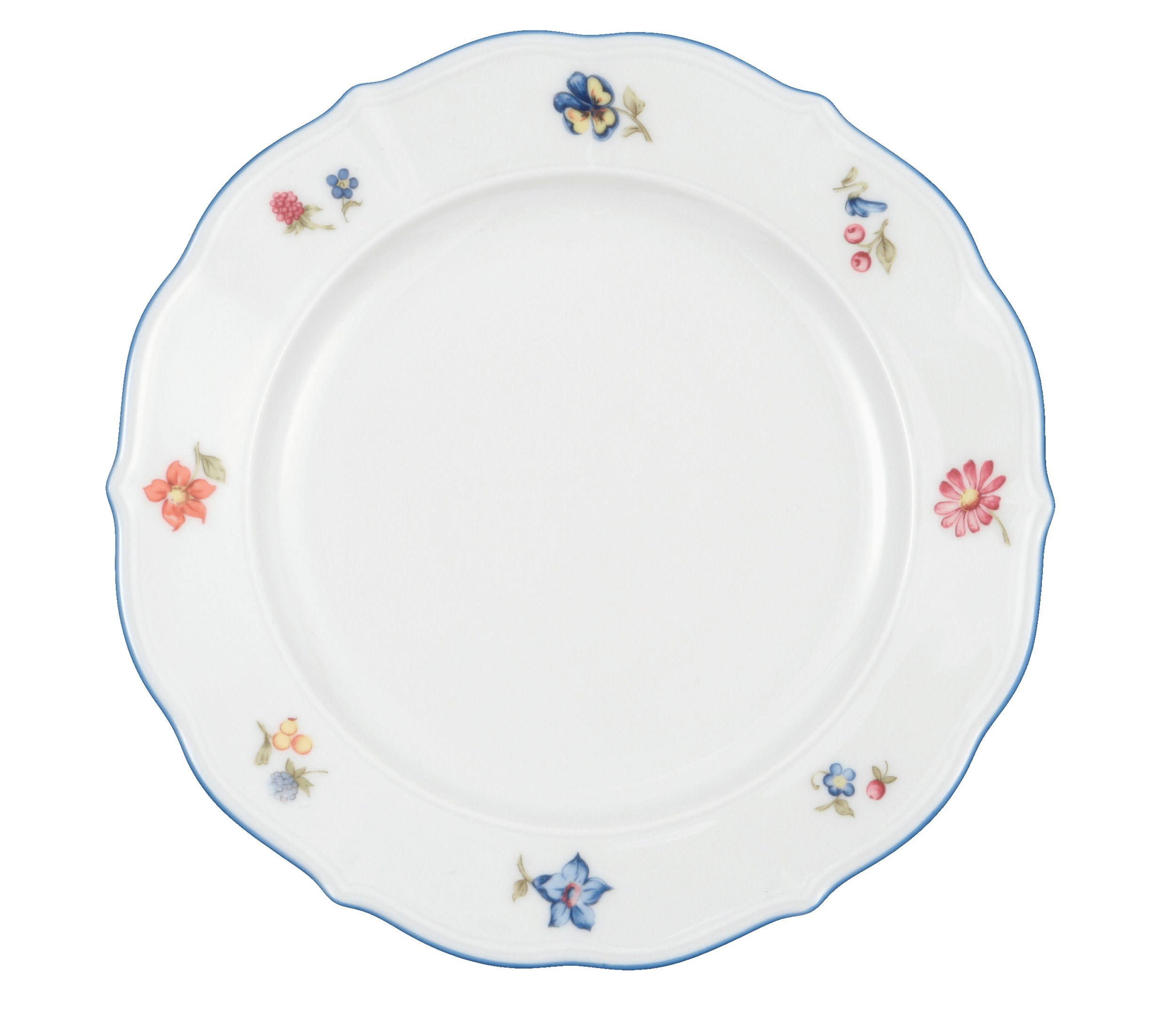 Biały talerz ceramiczny z niebieską obwódką i małymi dekoracjami kwiatowymi i jagodowymi.