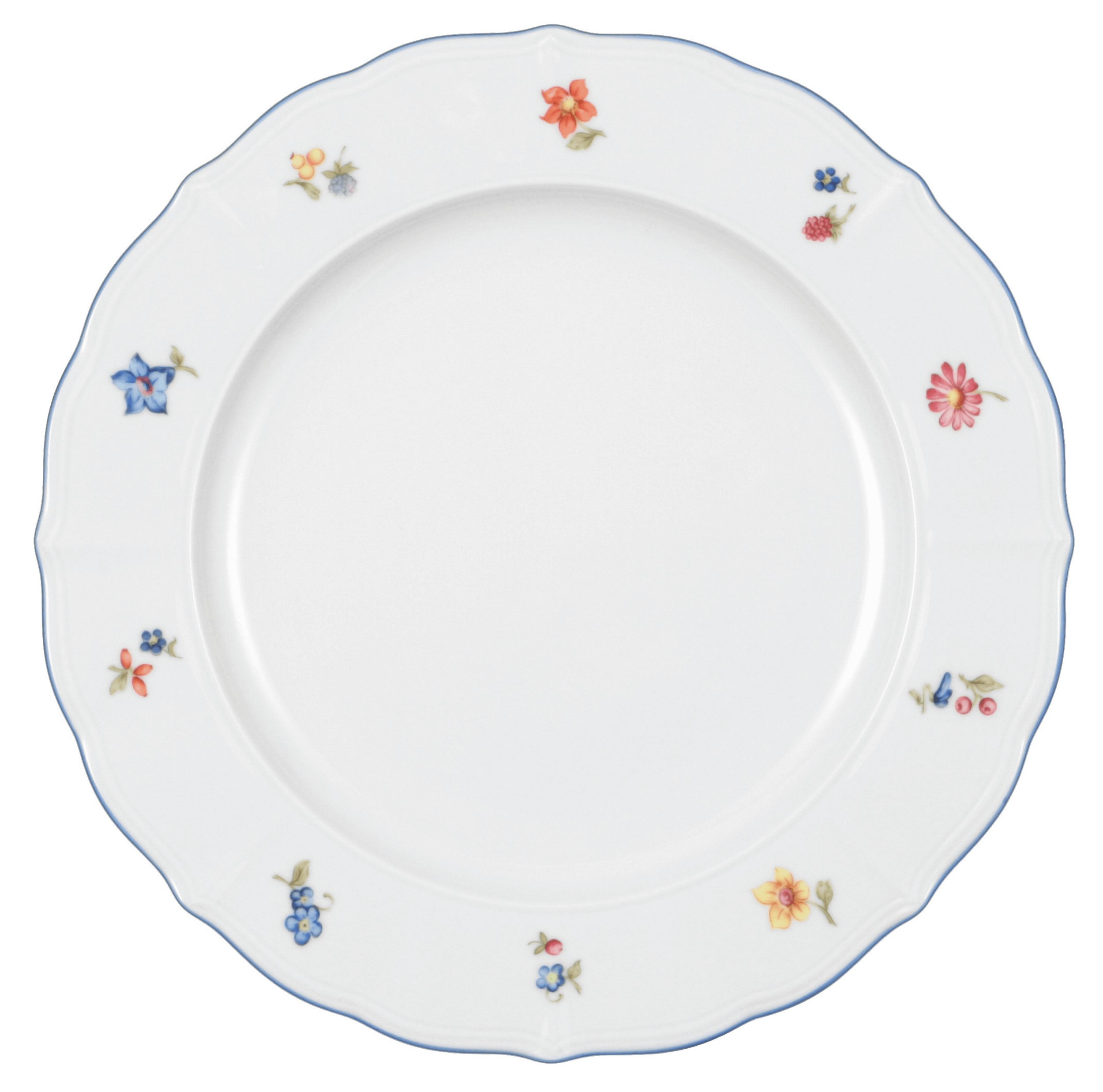 Biały talerz z niebieskim brzegiem, ozdobiony małymi kwiatami i jagodami.