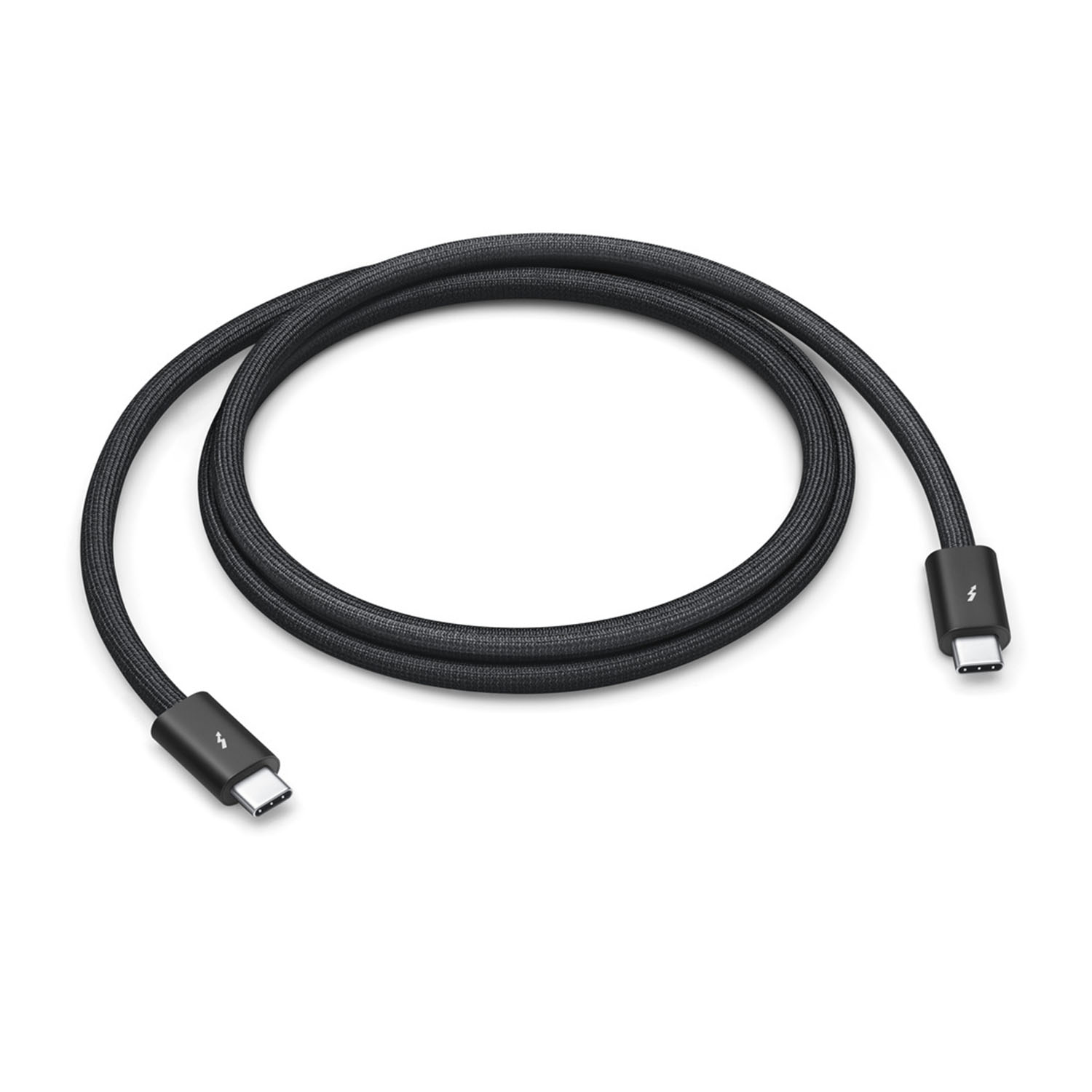 Un cavo Thunderbolt nero intrecciato con connettori USB-C su entrambe le estremità.