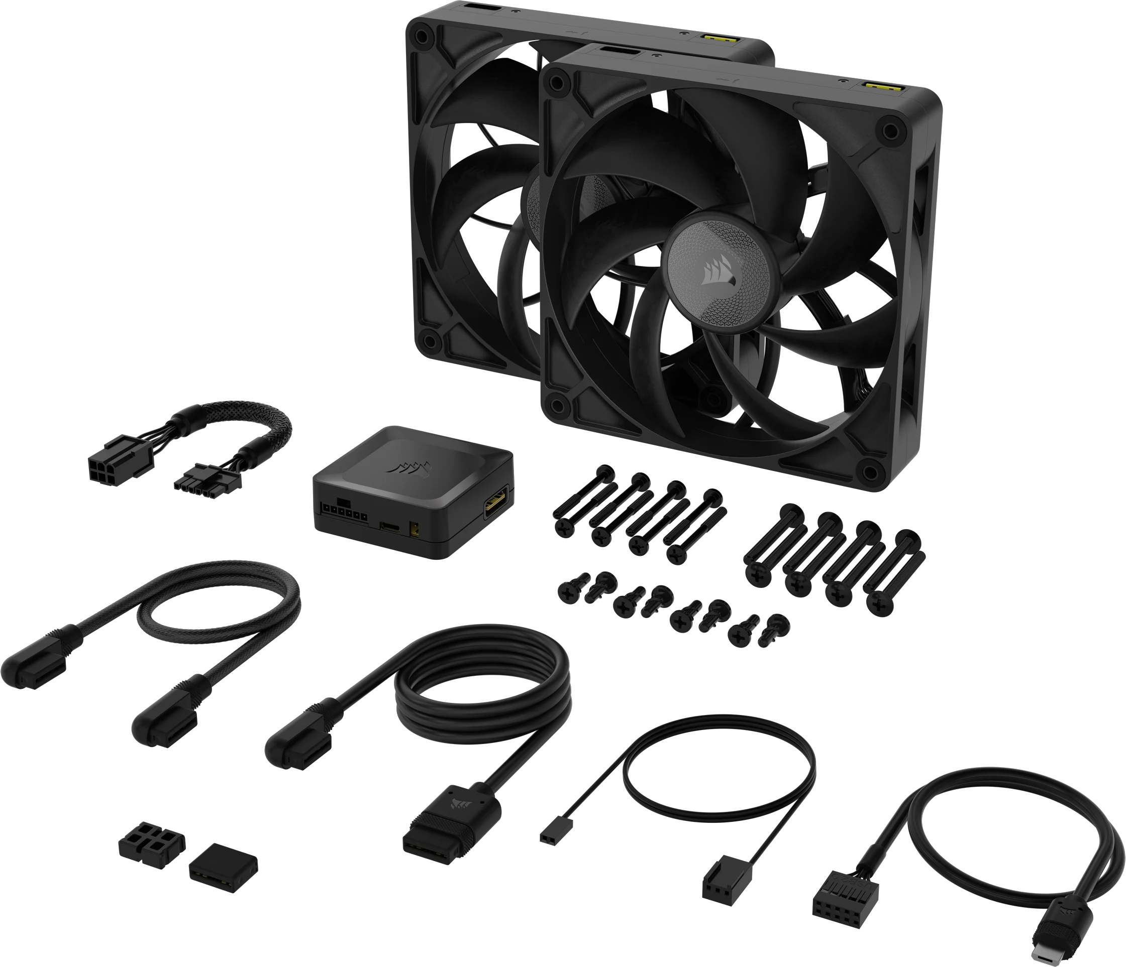 Zwei schwarze Lüfter, ein Steuergerät und diverse Kabel und Schrauben.
