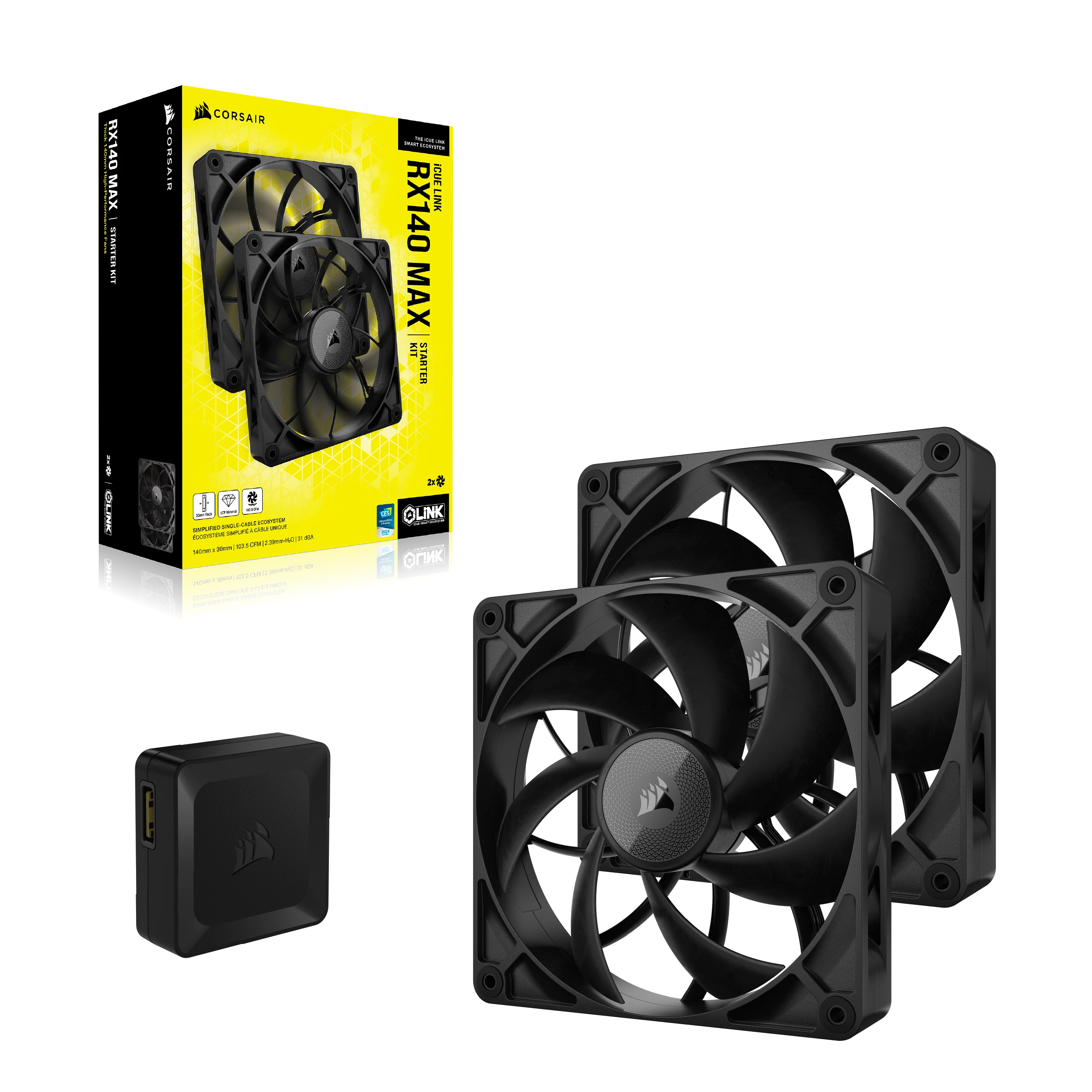 Zwei schwarze Corsair iCUE LINK RX140 MAX Lüfter und ein schwarzer Controller.
