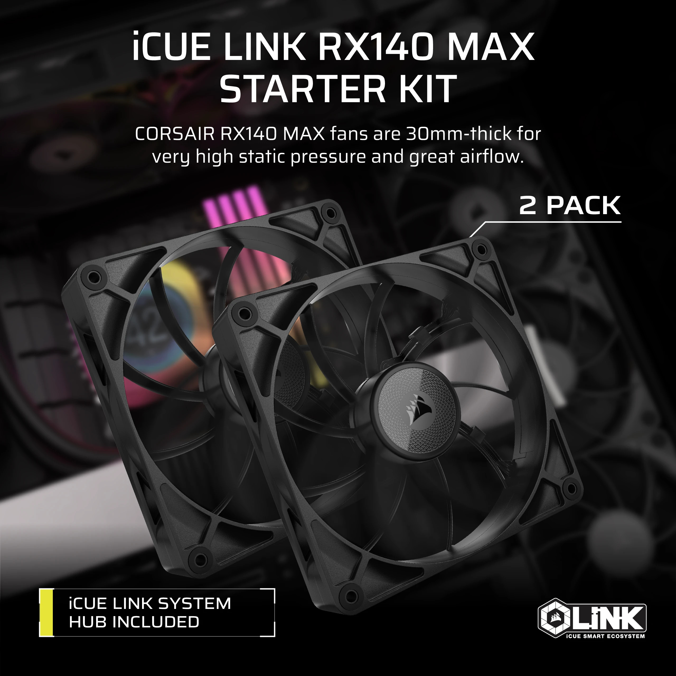 Zwei schwarze Corsair iCUE RX140 MAX Lüfter mit RGB-Beleuchtung im Hintergrund.