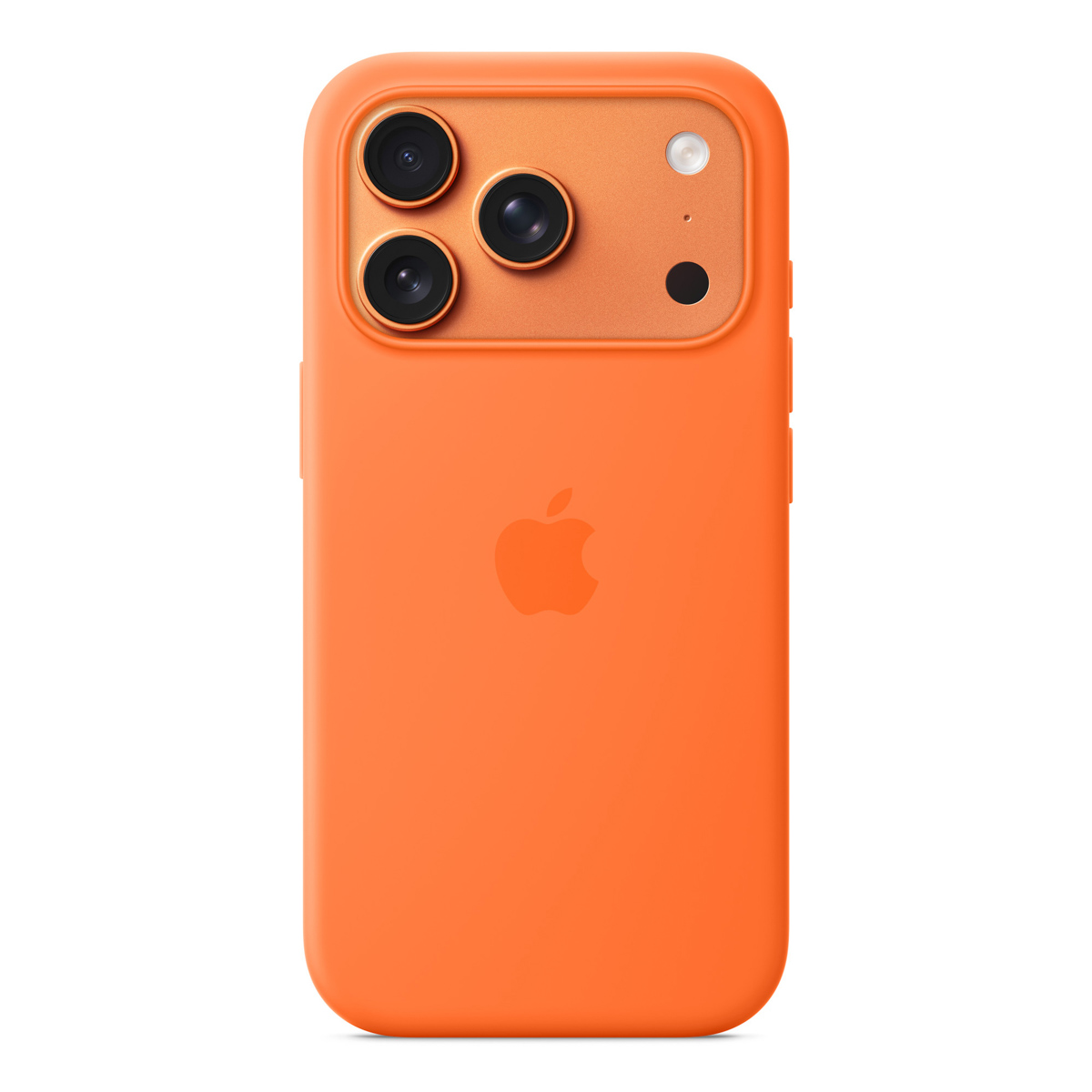 Tył pomarańczowego iPhone'a z trzema aparatami i logo Apple.