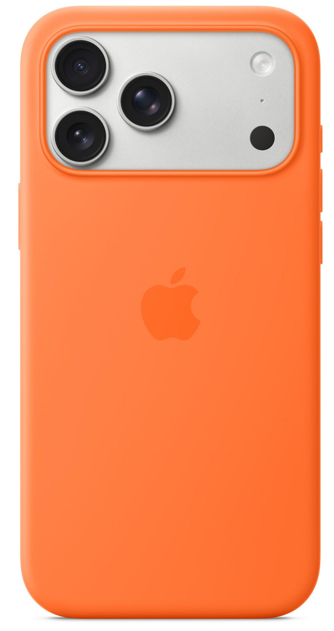 Pomarańczowe etui na iPhone z logo Apple i potrójnym aparatem.