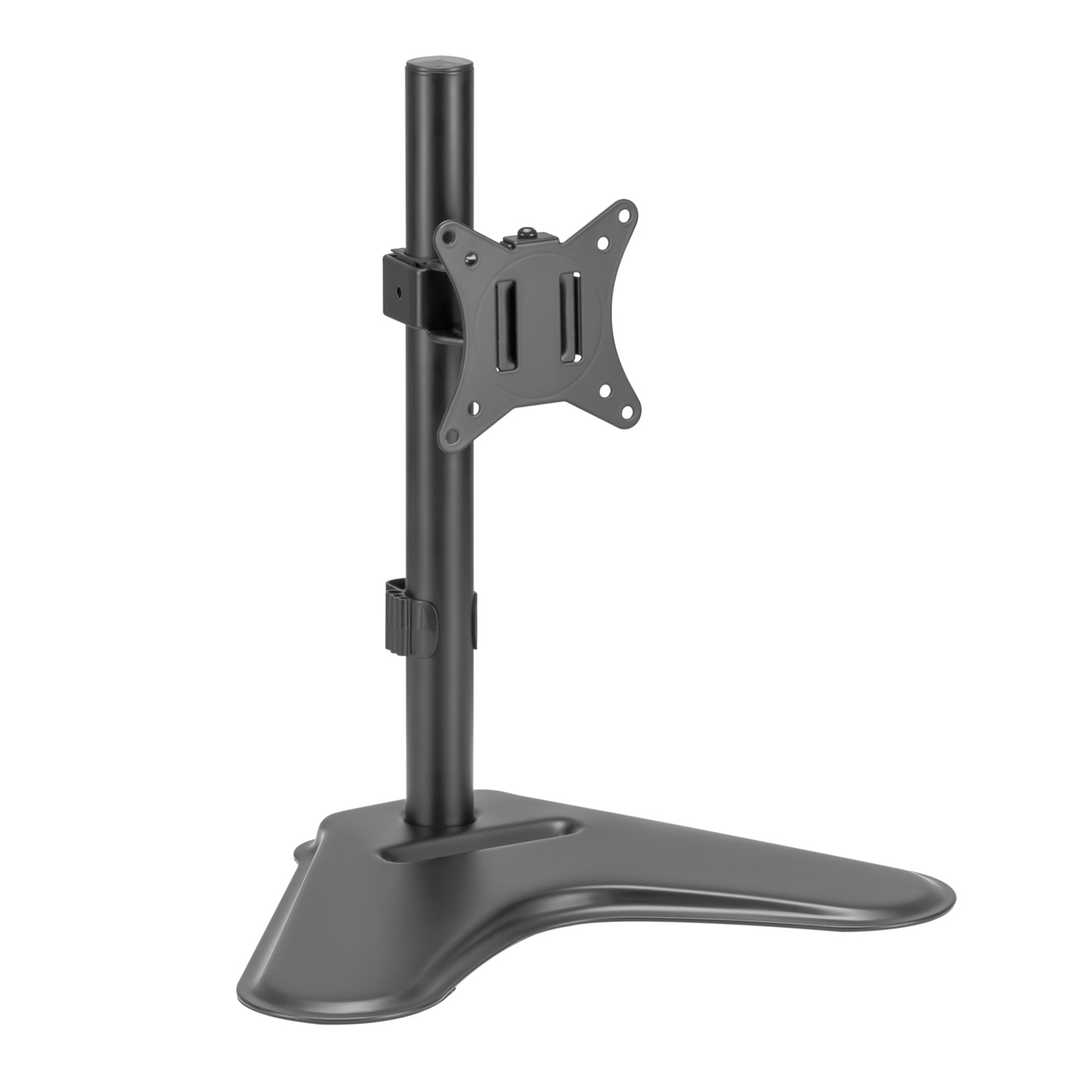 Un supporto per monitor nero con staffa regolabile su base piana.