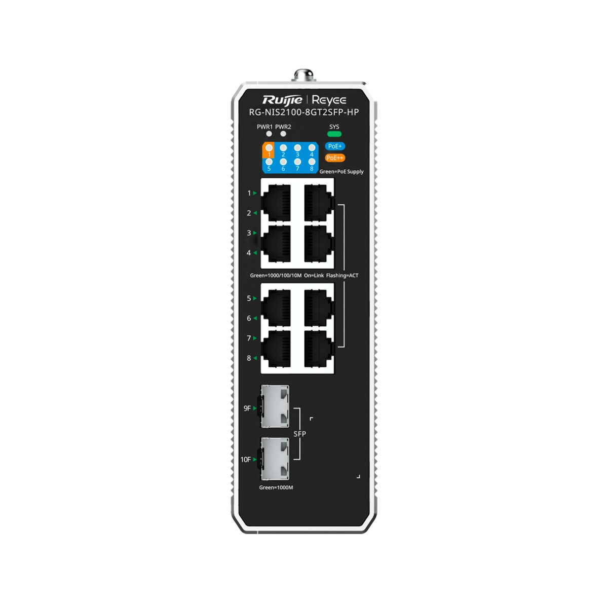 Un switch de red Ruijie Reyee con 8 puertos Ethernet y 2 puertos SFP.
