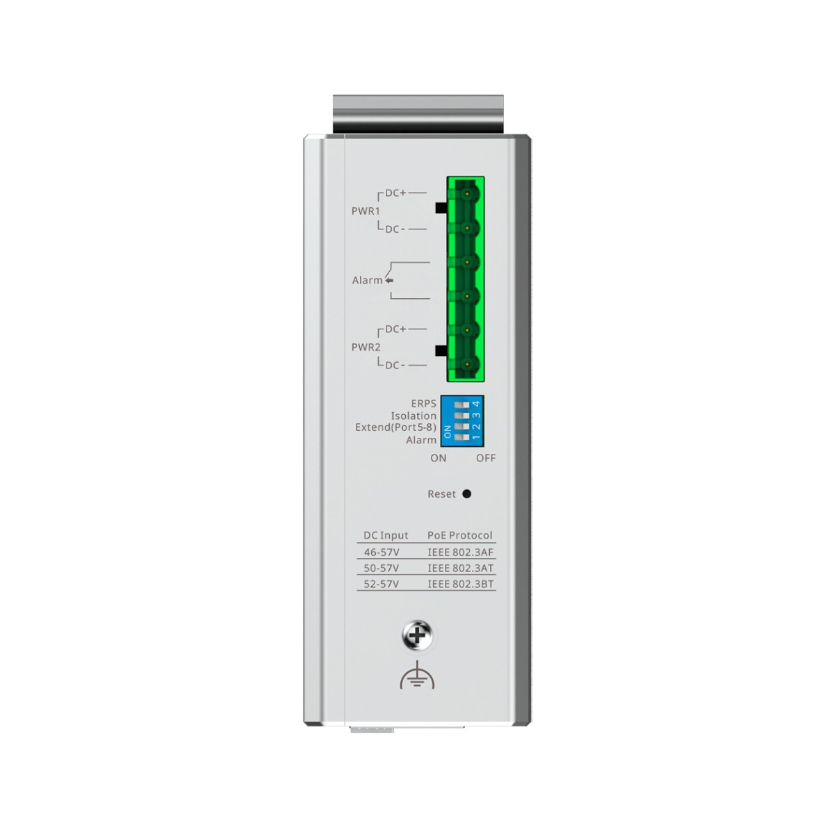 Panel frontal del dispositivo con LEDs de alimentación, alarma, interruptores DIP y especificaciones de puerto.