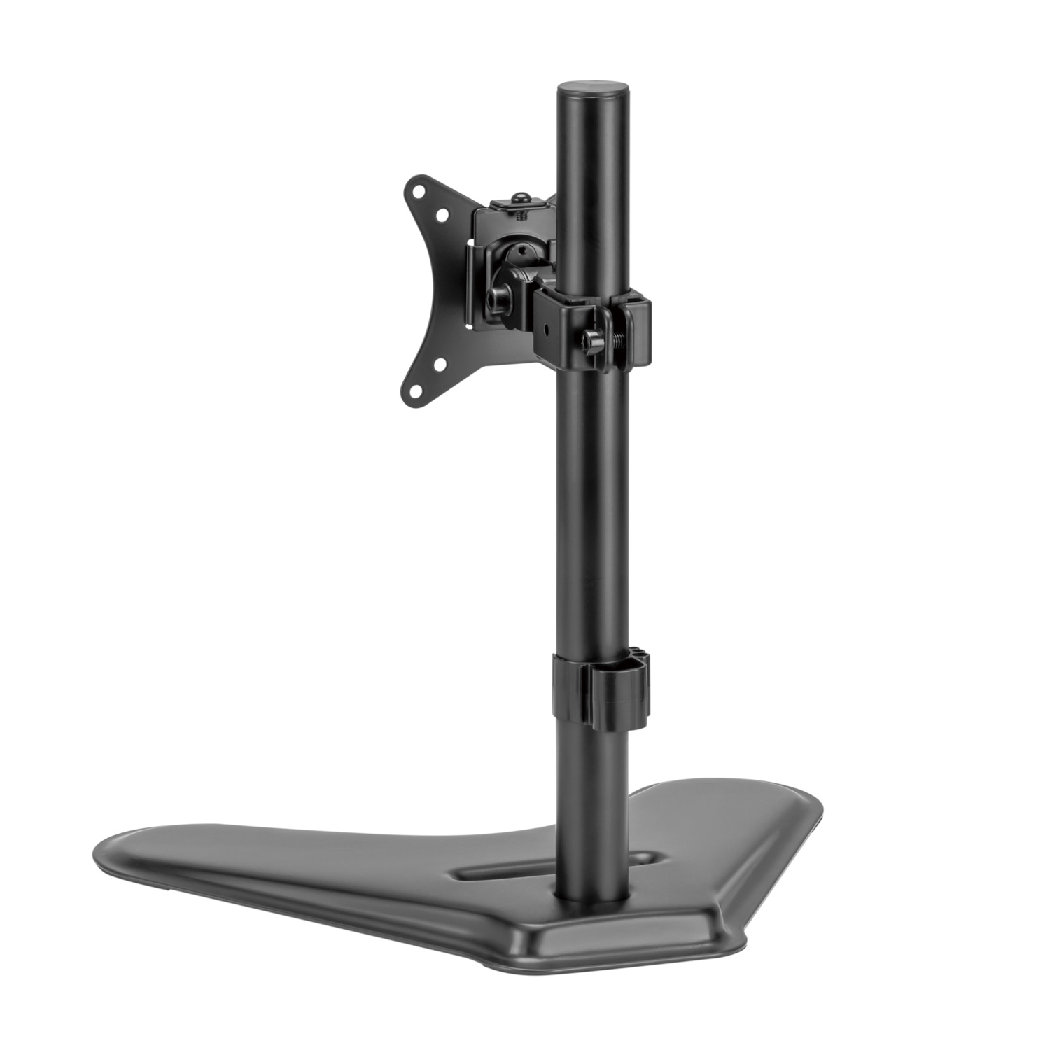 Un supporto per monitor nero con base piatta e braccio regolabile.