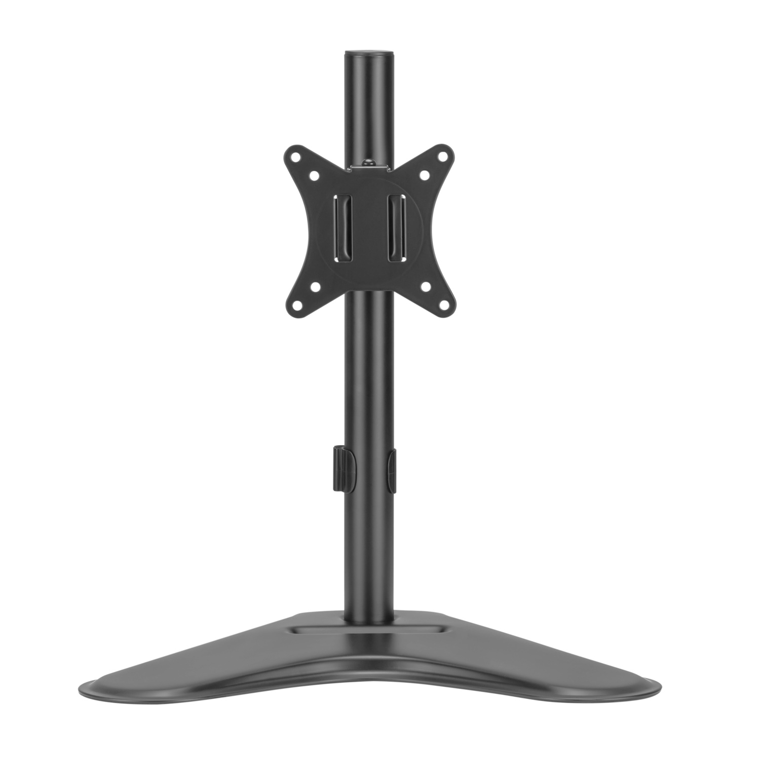 Un supporto per monitor nero con base rotonda e montaggio regolabile.