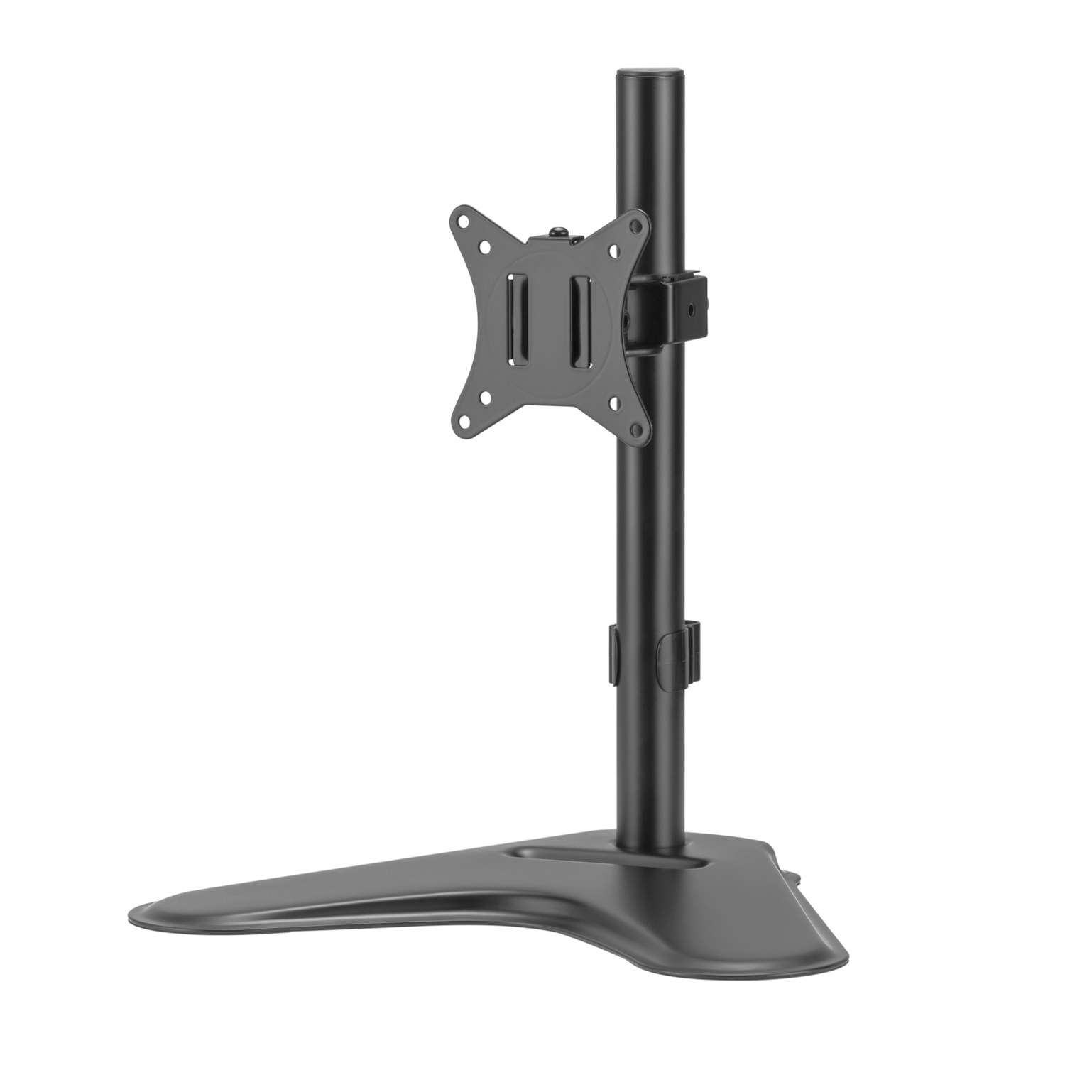 Un supporto per monitor nero con base piatta e braccio regolabile.