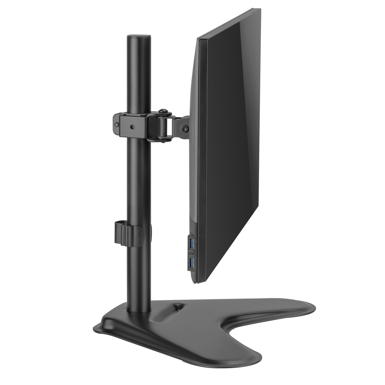 Un braccio per monitor nero con base, supporto e due porte USB.