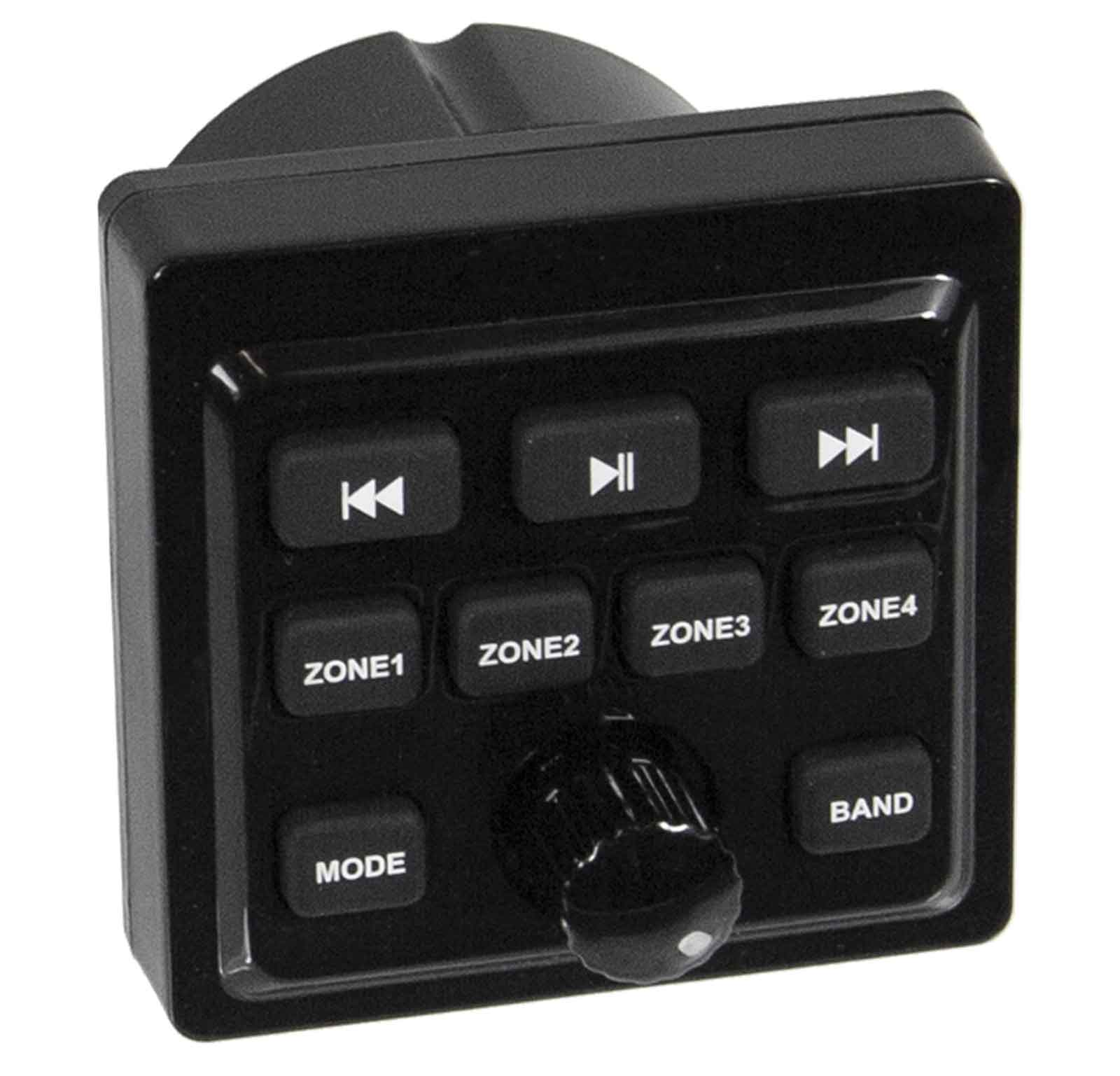 Schwarzer Controller mit Knöpfen für Wiedergabe, Pause, Vorlauf, Zone und Modus.