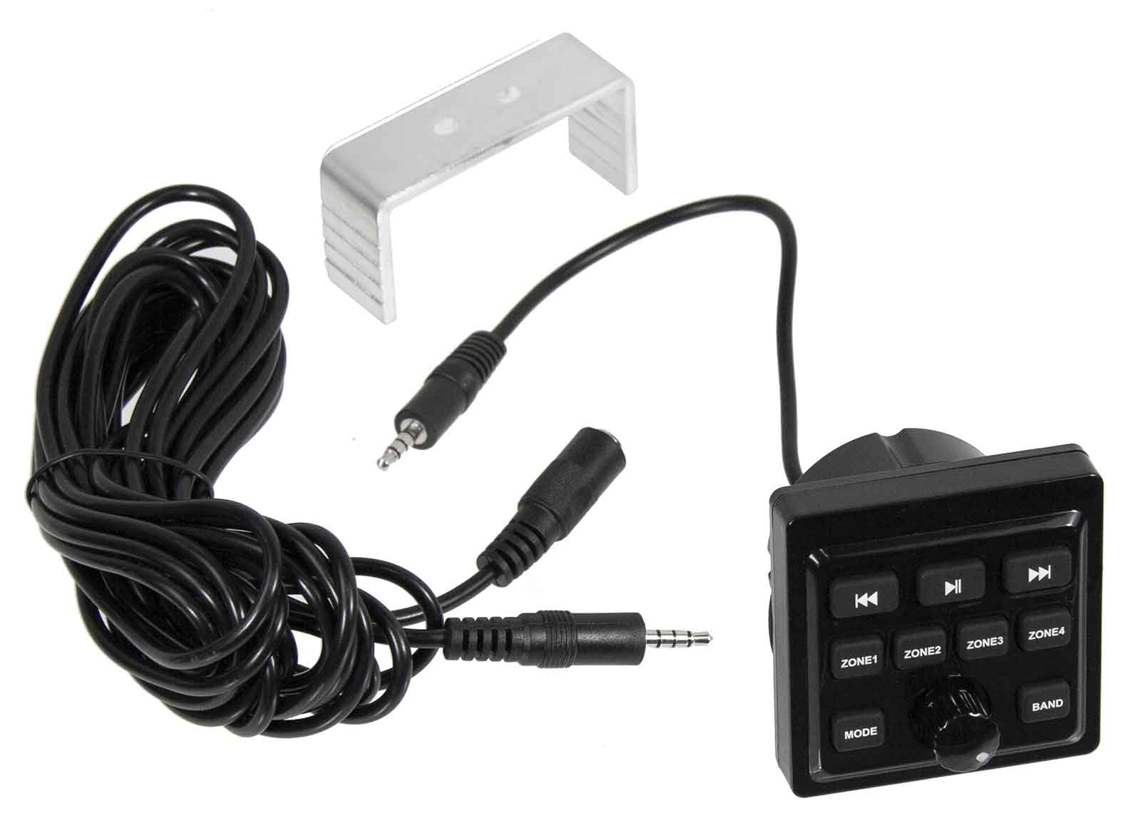 Ein schwarzes Bedienfeld mit Knöpfen, Kabel und Halterung