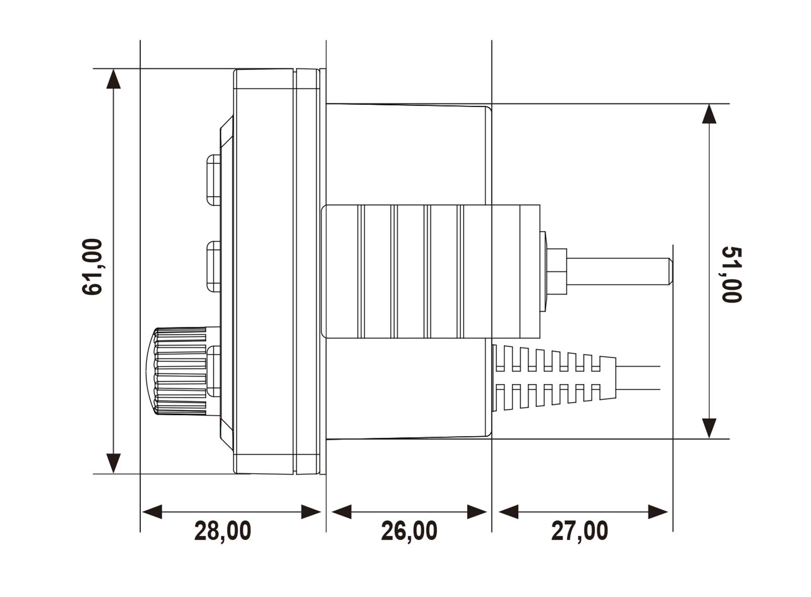 Technische Zeichnung eines Geräts mit Maßen 61x51x51mm und einem Drehknopf.