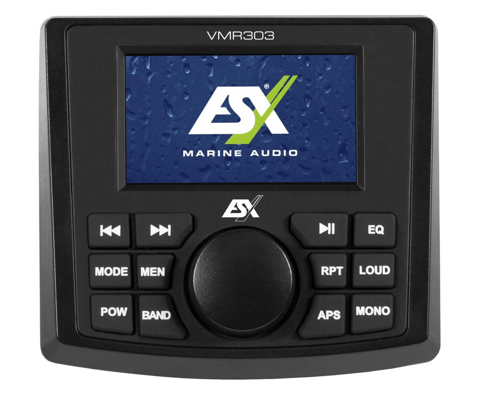 Ein schwarzes Marine-Audio-Gerät mit Bildschirm und Tasten.